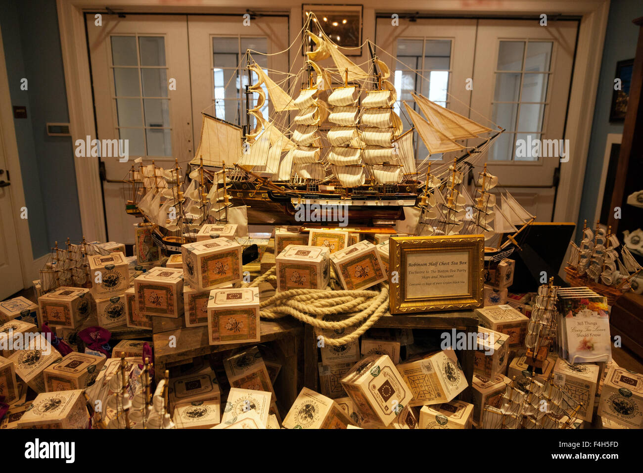 Models of tea clippers and caskets of tea, the gift shop, Boston Tea