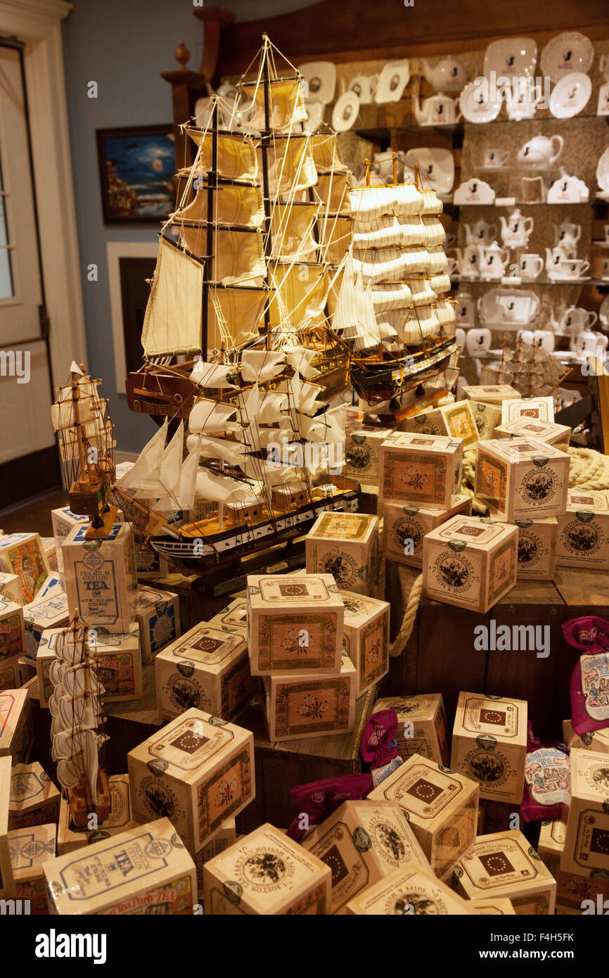 Models of tea clippers and caskets of tea, the gift shop, Boston Tea