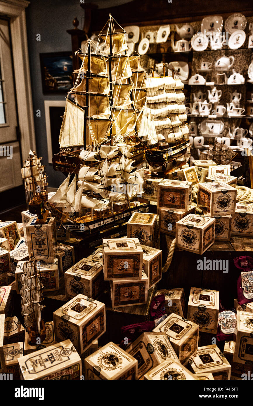 Models of tea clippers and caskets of tea, the gift shop, Boston Tea Party Ships and Museum, Boston USA Stock Photo