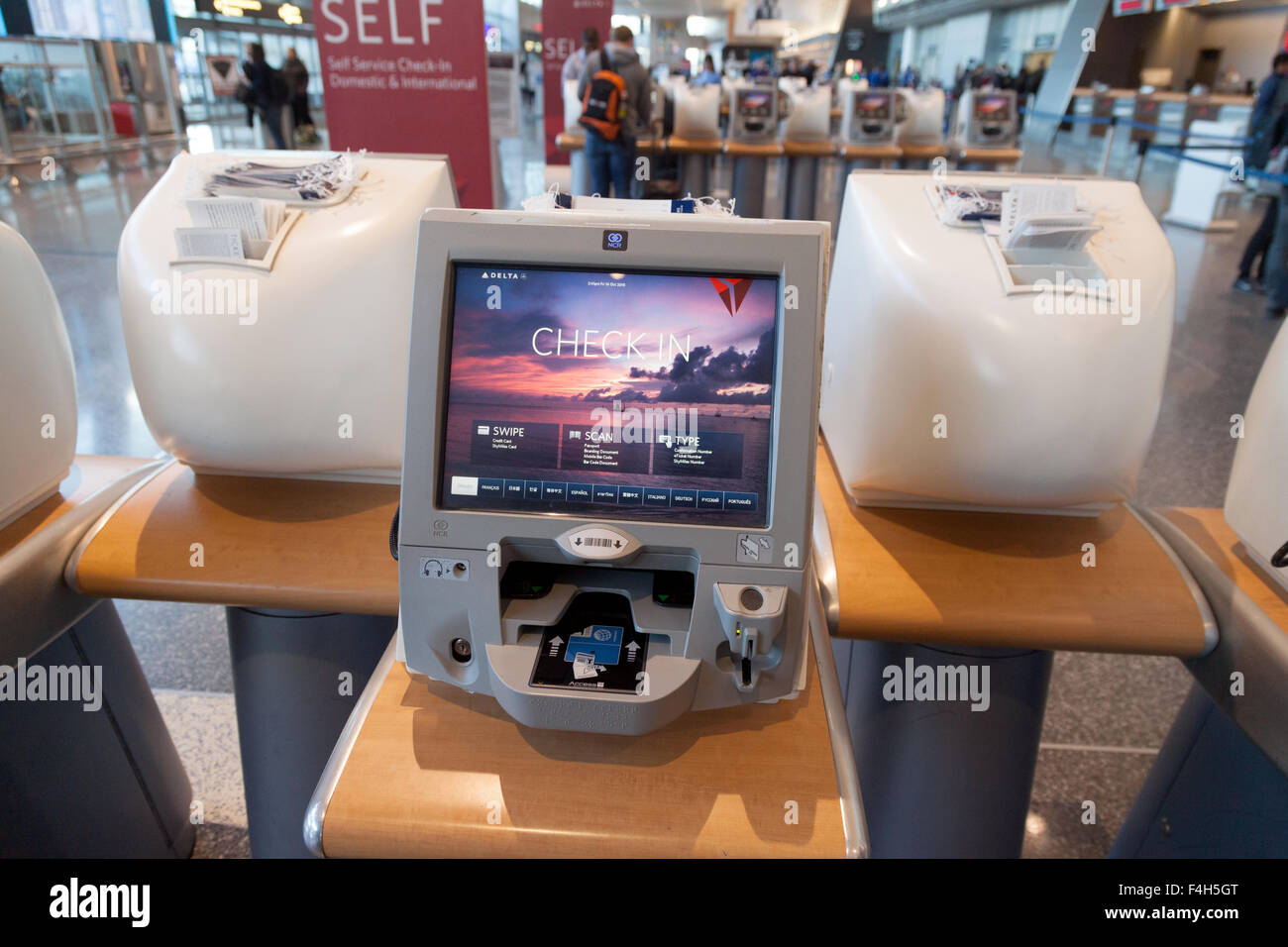 Self check in machine, Terminal A, Logan International Airport, Boston MA, USA Stock Photo