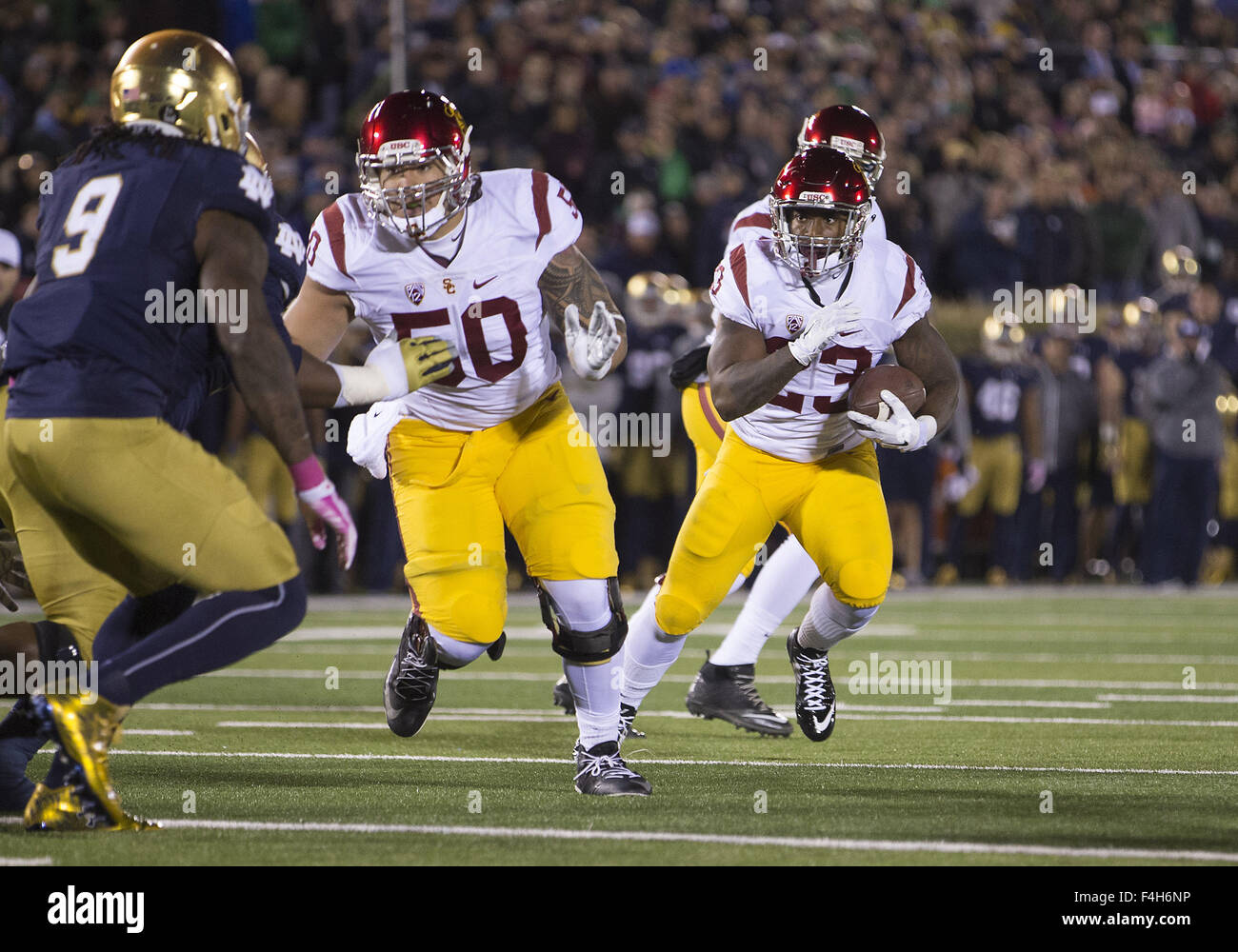 South Bend, Indiana, USA. 17th Oct, 2015. USC running back Tre Madden (23) runs with the ball during NCAA football game action between the USC Trojans and the Notre Dame Fighting Irish at Notre Dame Stadium in South Bend, Indiana. Notre Dame defeated USC 41-31. John Mersits/CSM. © csm/Alamy Live News Stock Photo