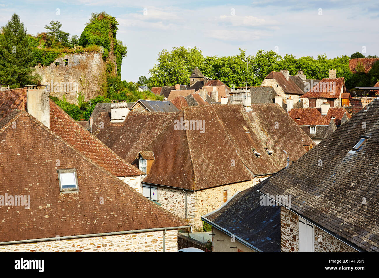 View over the roofs of the village of Segur-le-Chateau, Limousin, Correze, France. Stock Photo
