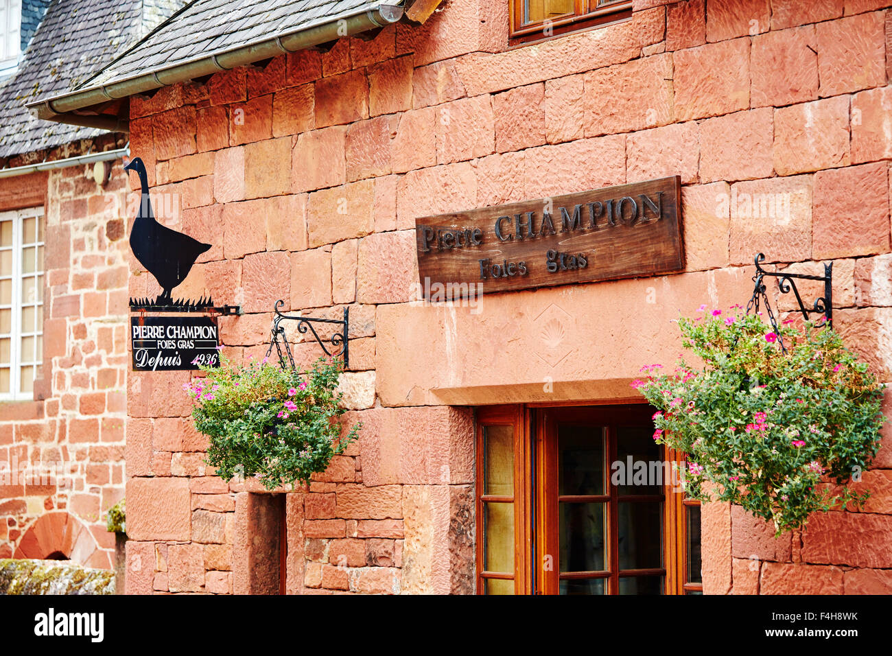 Pierre Champion foie gras shop in Collonges-la-Rouge, Correze, Limousin, France. Stock Photo