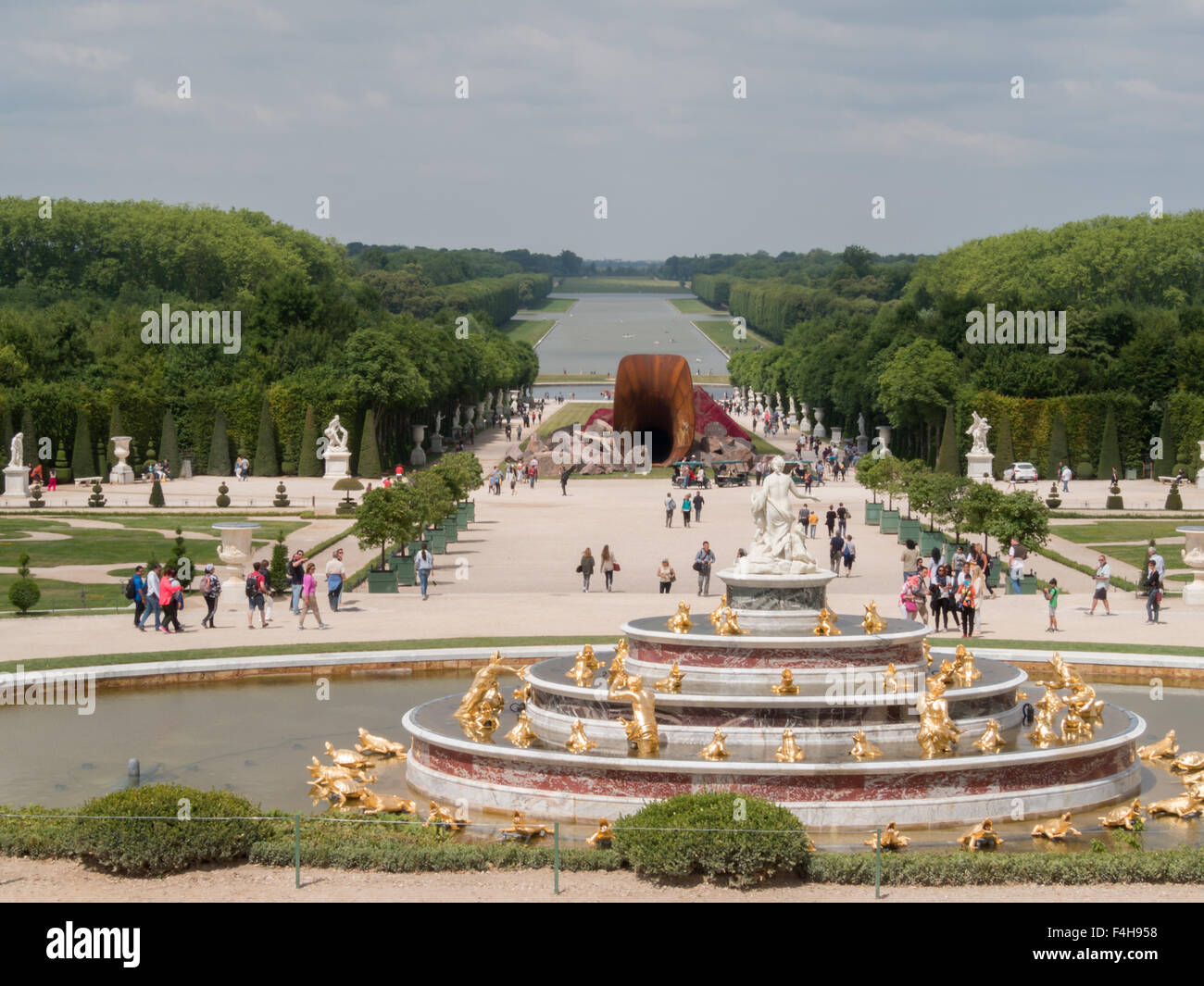 Versailles garden general view with Anish Kapoor Dirty Corner installation at the center Stock Photo