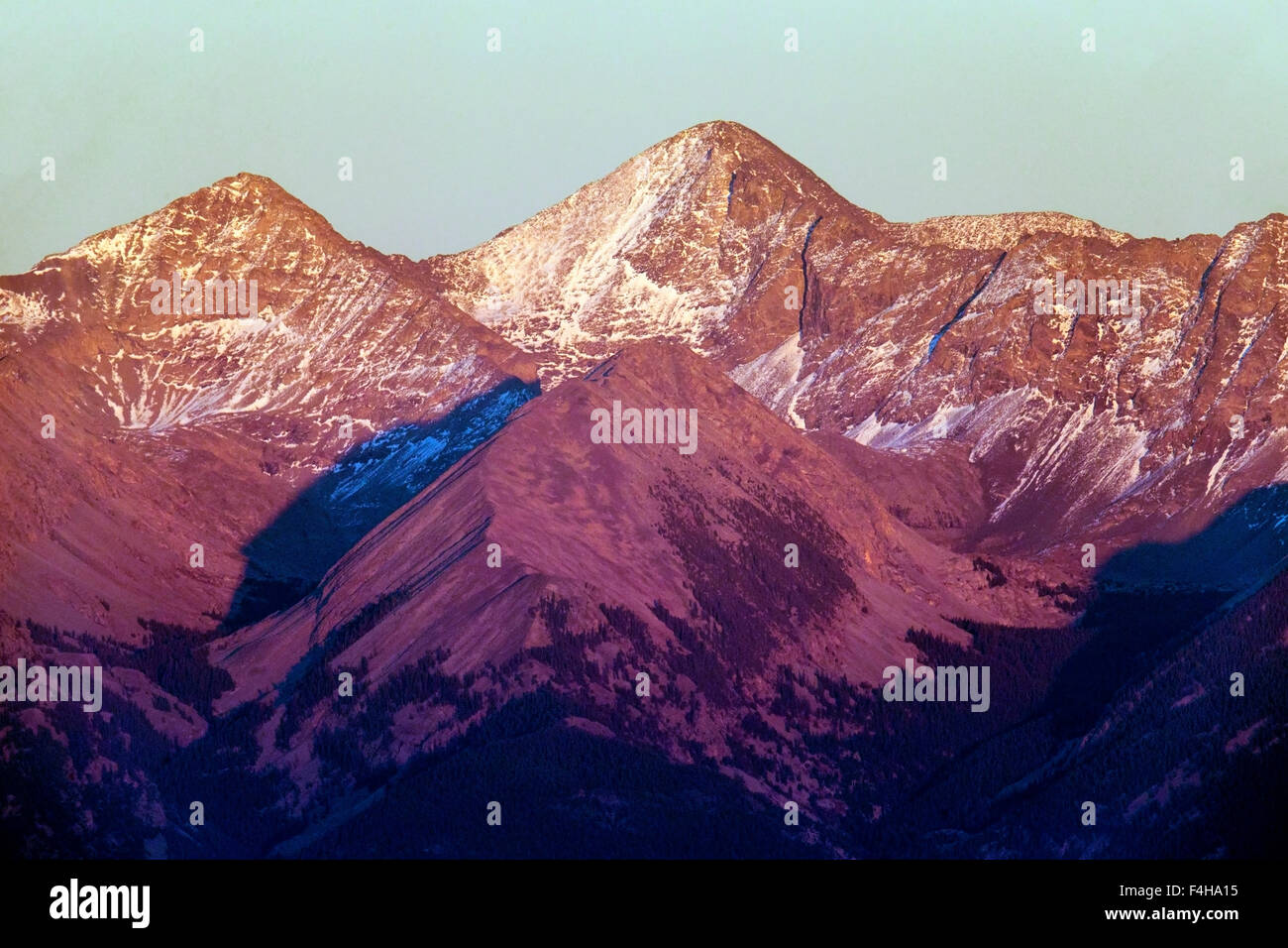 Alpenglow on Blanca Peak, elevation 14,345', Sangre de Cristo Mountains, San Luis Valley, Colorado, USA Stock Photo