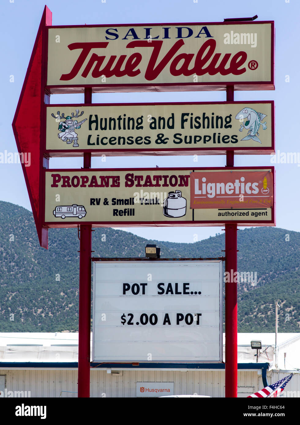 Unintentionally humorous sign at Salida True Value Hardware advertising 'Pot Sale' Stock Photo