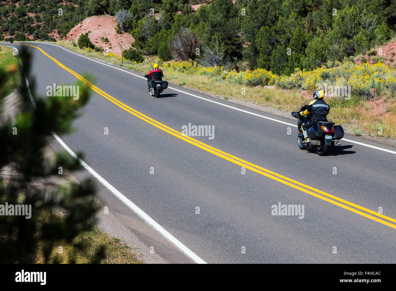 Motorcycle riders on paved road; North Central Colorado; USA Stock Photo