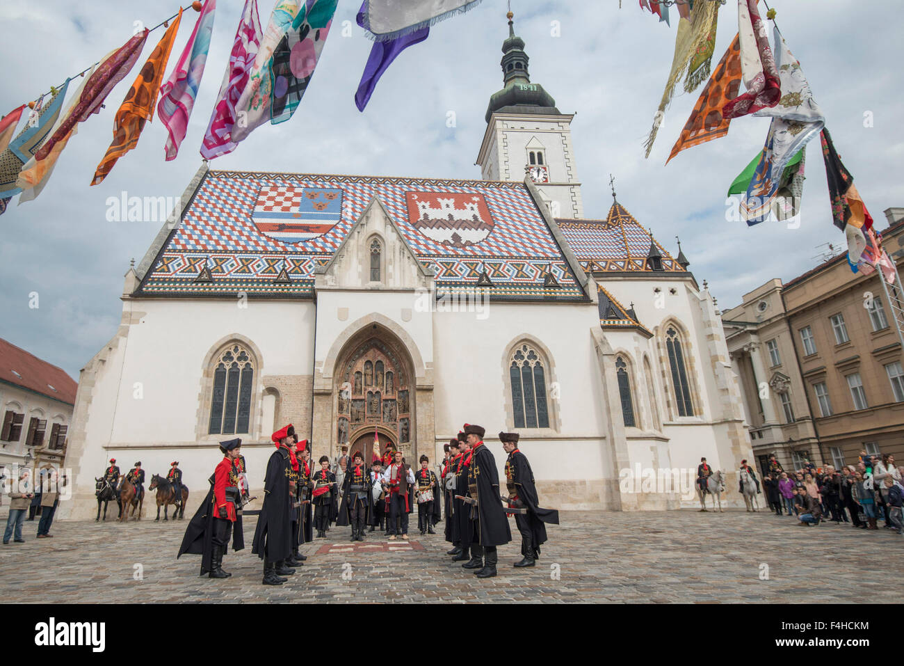 Zagreb, Croatia. 18th Oct, 2015. Soldiers of the Guard of Honor of the Cravat Regiment take part in the Cravat Day celebration in Zagreb, capital of Croatia, Oct. 18, 2015. In 2008 Croatian Parliament showed special honor to the cravat as a national heritage and declared 18th October as the Cravat Day. A Cravat, symbol of culture and style, originated from a red neck scarves worn by Croatian soldiers serving in France in the 17th century. © Miso Lisanin/Xinhua/Alamy Live News Stock Photo