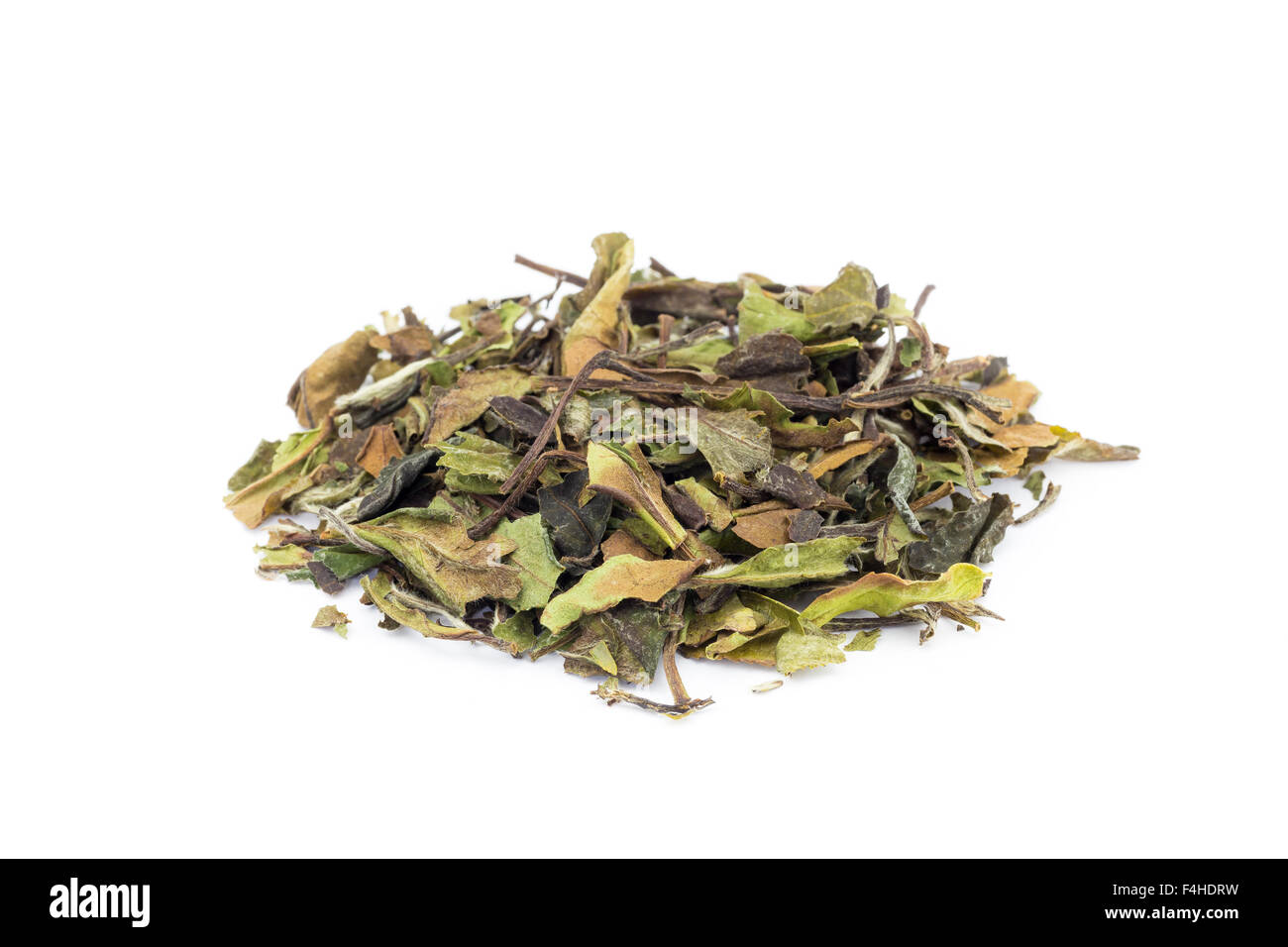 Heap of loose green leaves of white tea bai mu dan isolated on white background Stock Photo