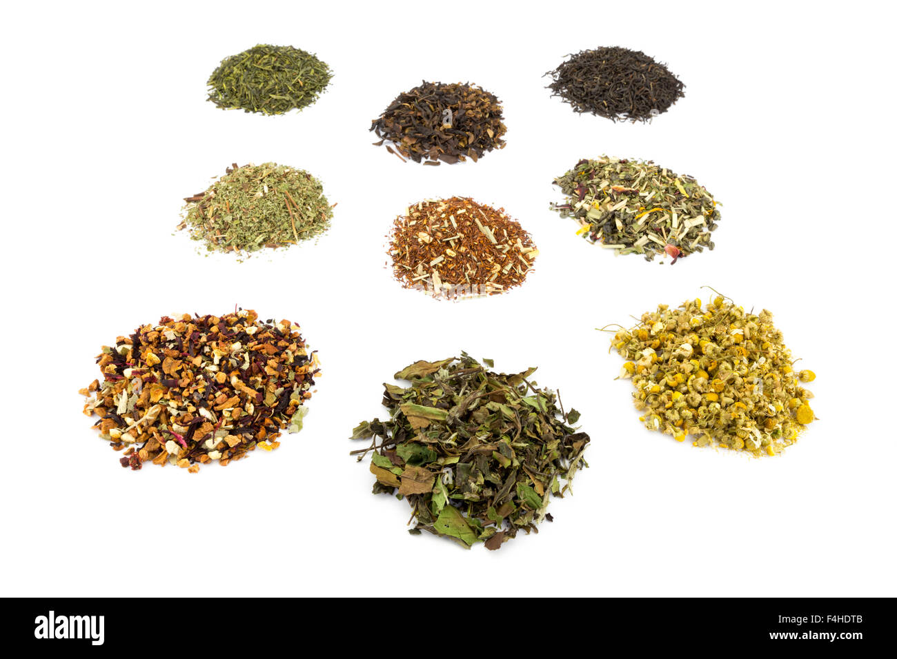 Various heaps and tastes of tea isolated on white background Stock Photo