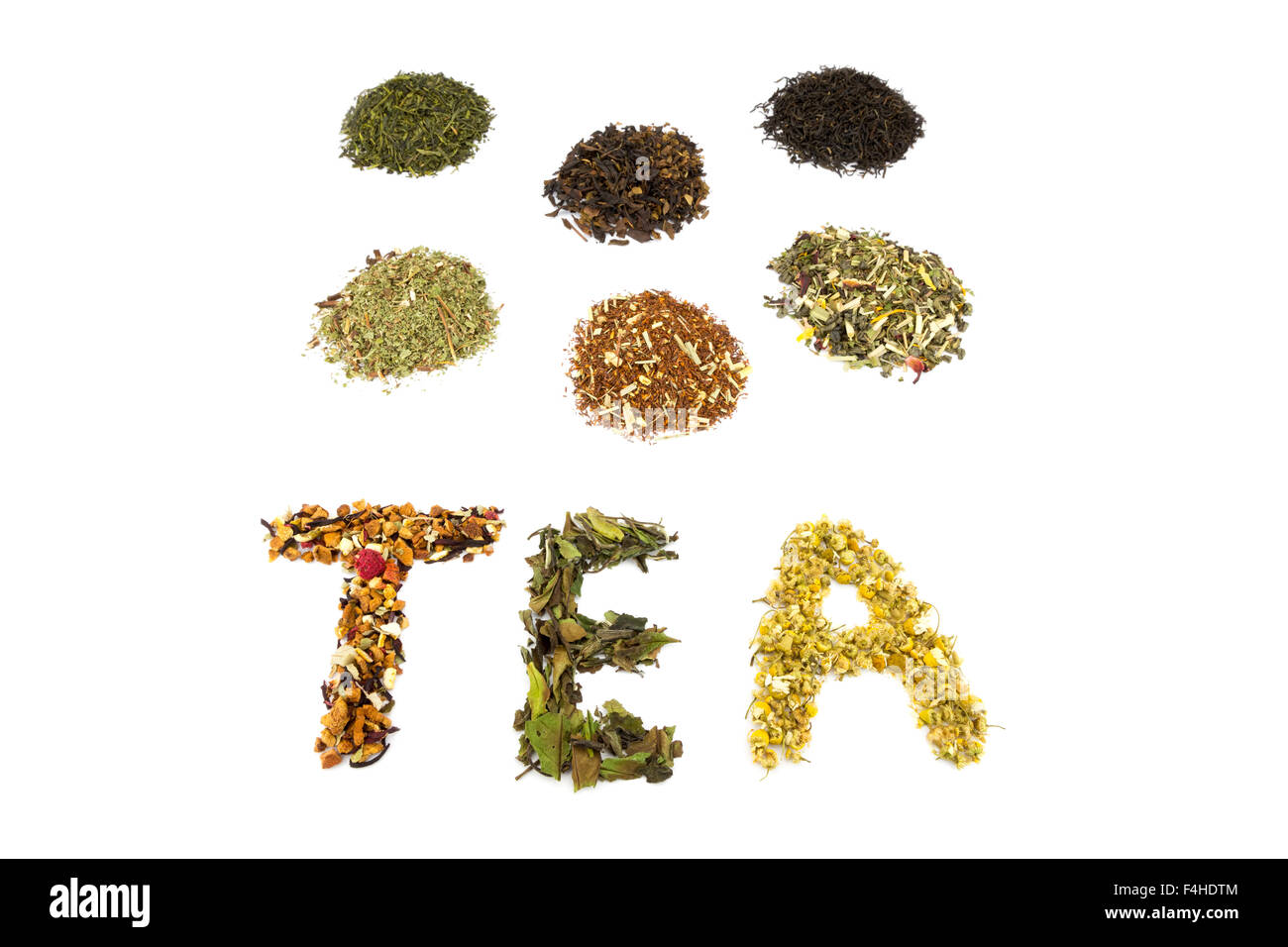 Word TEA with various flavors and tea species isolated on white background Stock Photo