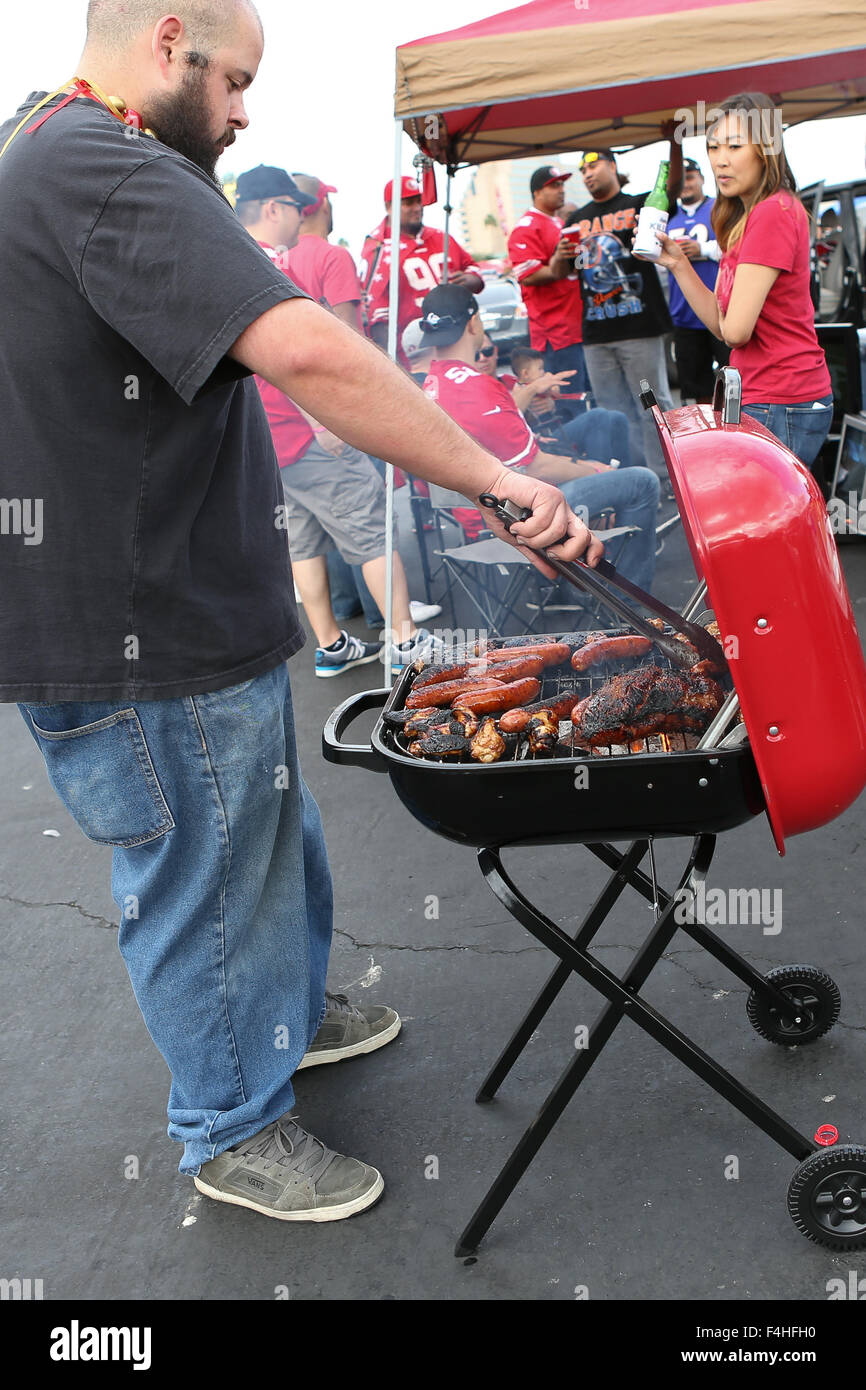 October 18, 2015: A 49ers fan tailgating in the parking lot of Levi's  Stadium prior to the start of the NFL football game between the Baltimore  Ravens and the San Francisco 49ers
