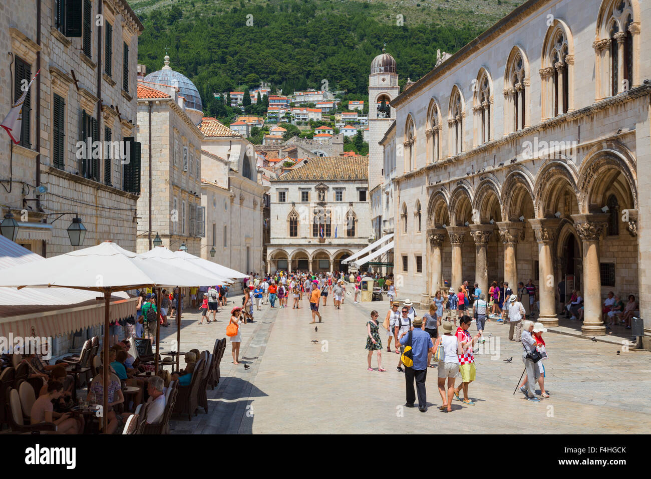 Dubrovnik, Dubrovnik-Neretva County, Croatia.  Pred Dvorom street in old city.  On the right, arches of the Rector's Palace. Stock Photo