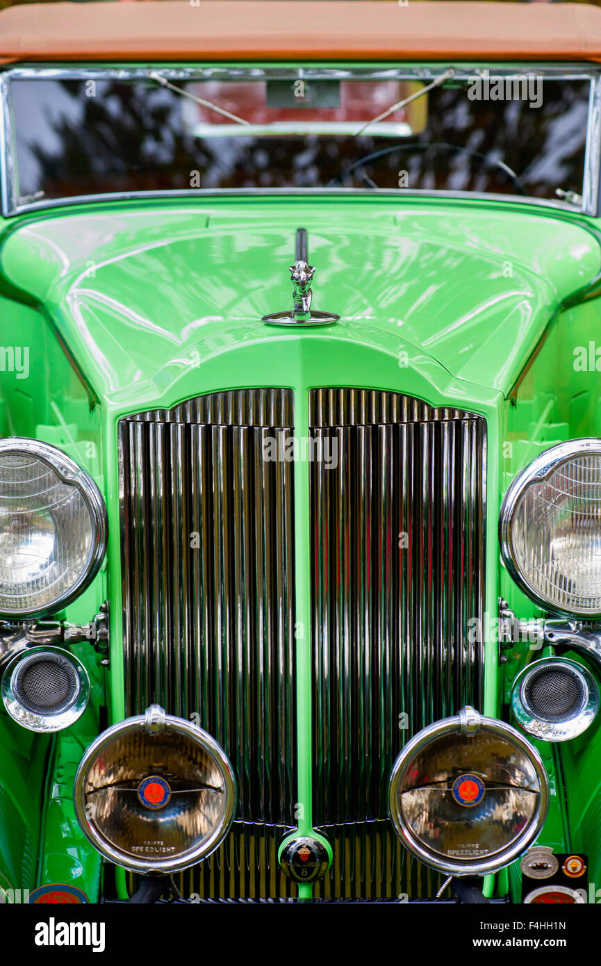 The front end of the 1940s Packard with chrome grill and hood ornament American made classic car automobile Stock Photo