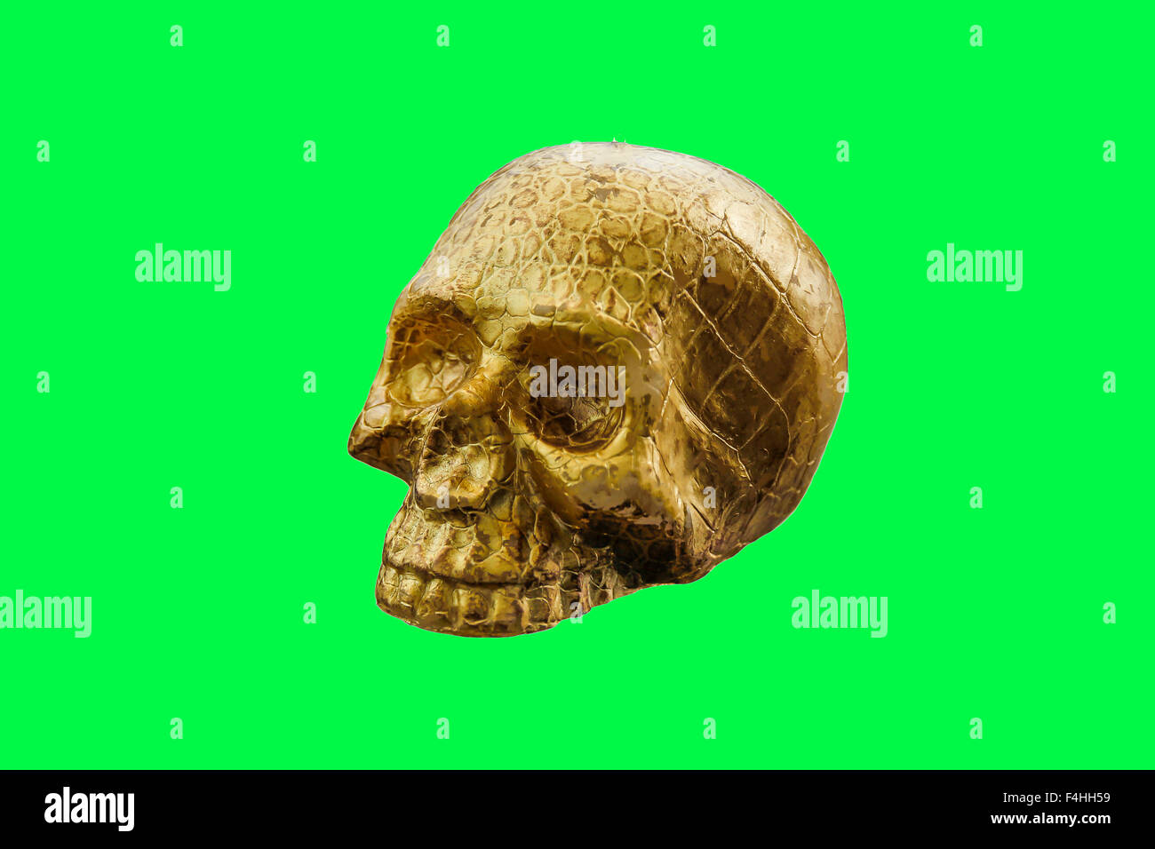 gold skull Isolated on green screen chroma key background. Stock Photo