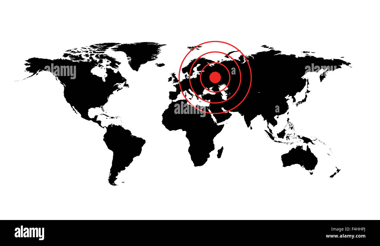 Dangerous occurrence in Ukraine. World map illustration with red cirles accident sign Stock Photo