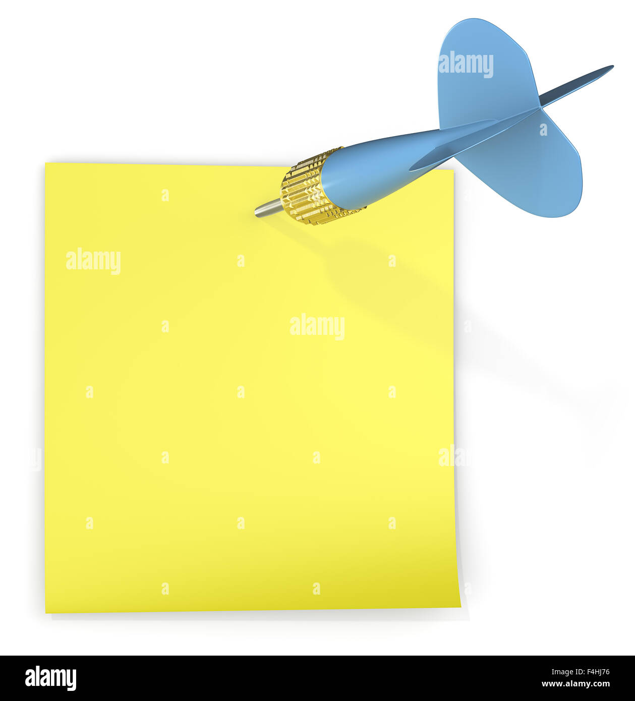 Yellow sticky note attached with blue dart arrow. Copy Space. Stock Photo