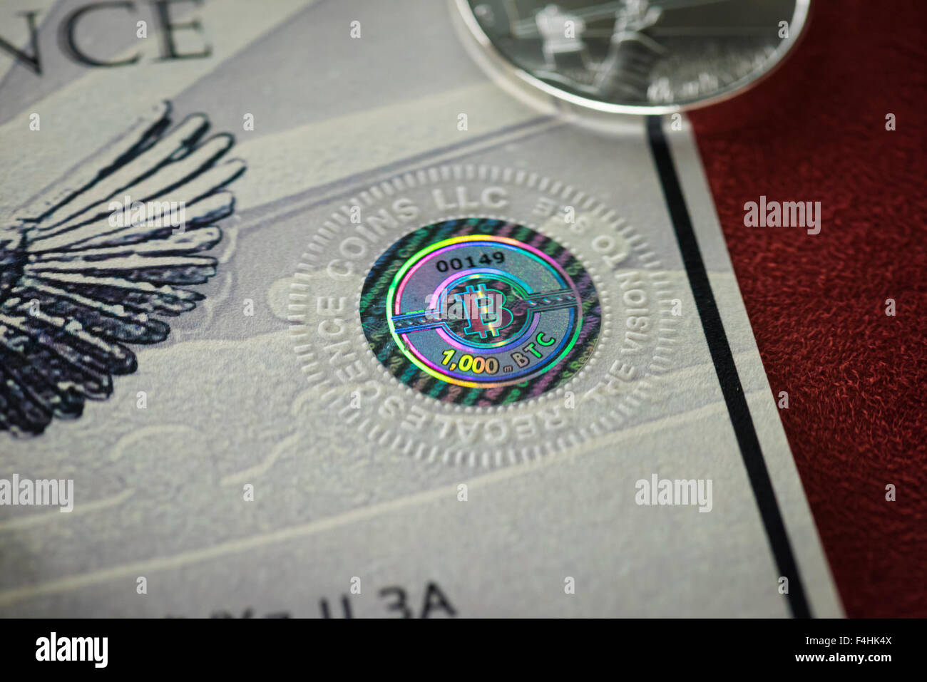 Close Up Of The Hologram On A Physical Bitcoin Paper Wallet Stock - 