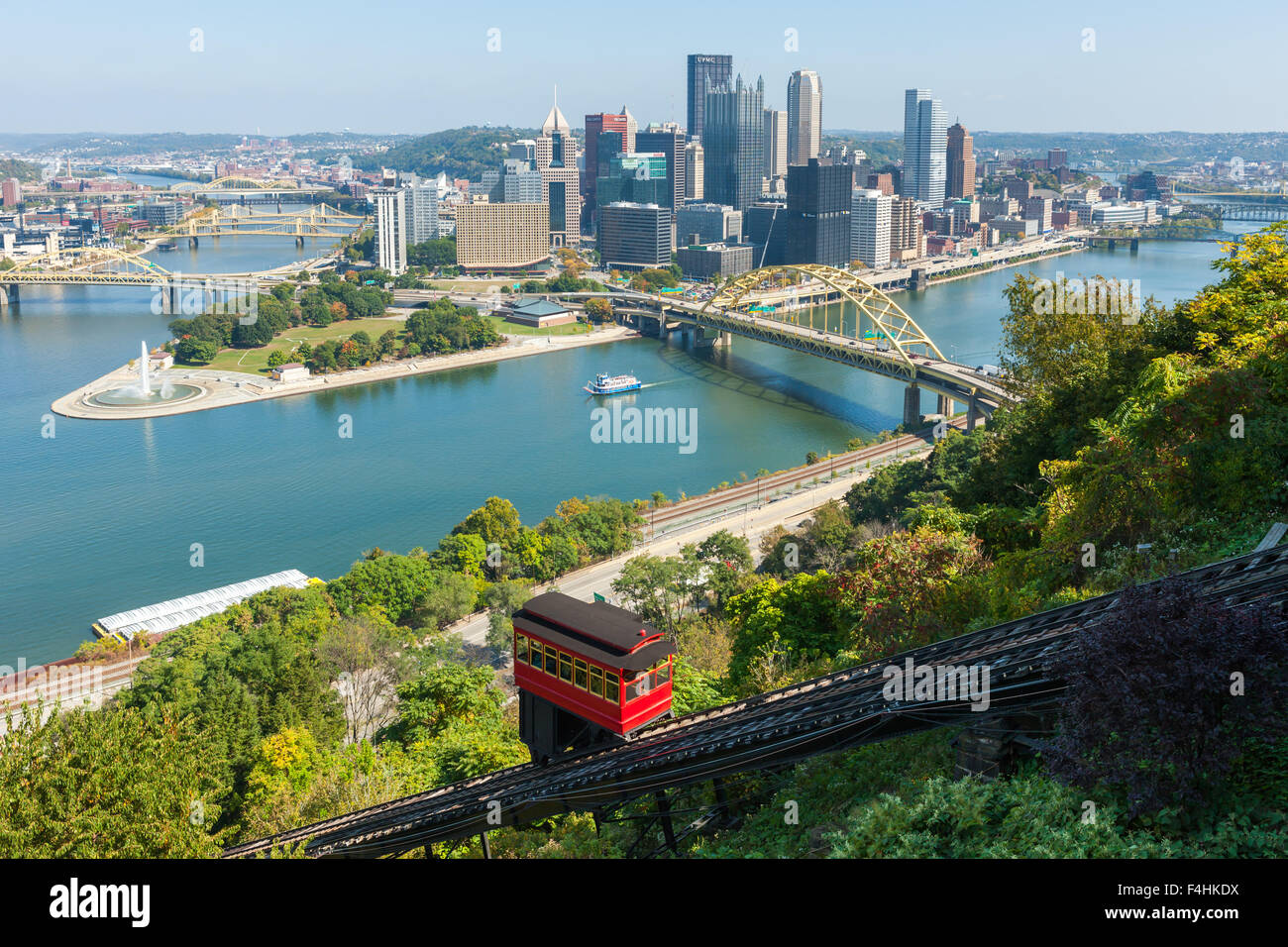 The Duquesne incline descends from Mt. Washington, with the skyline in the background in Pittsburgh, Pennsylvania. Stock Photo