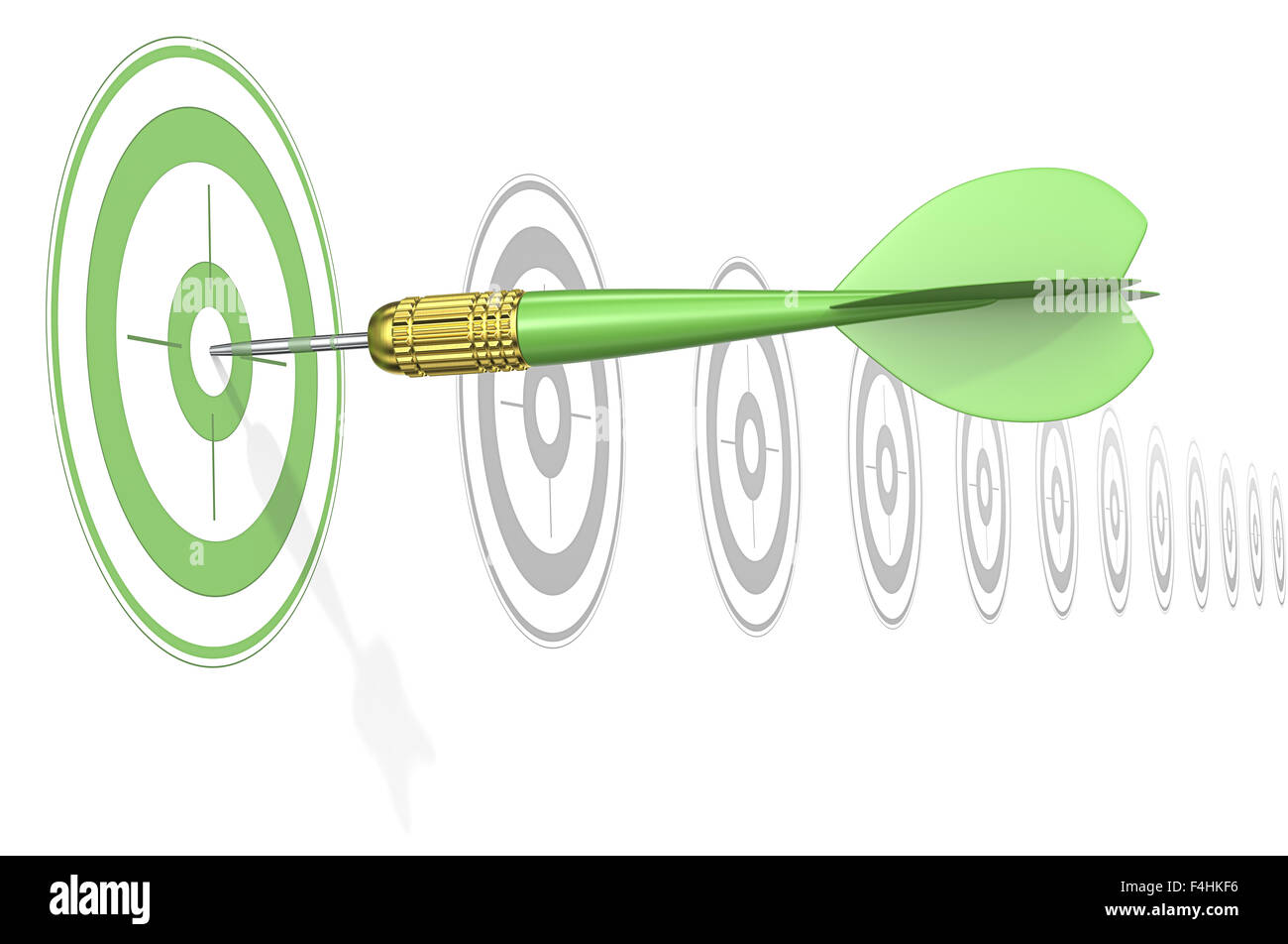 Dart Arrow hitting center of Green target. Horizontal row of gray targets. Stock Photo