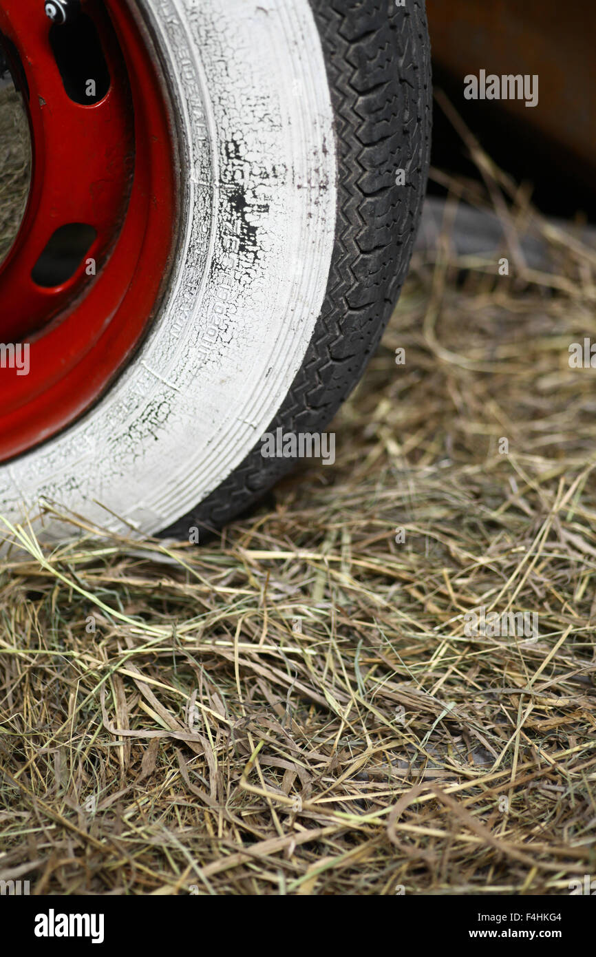 Color close-up shot of a whitewall vintage car tire. Stock Photo