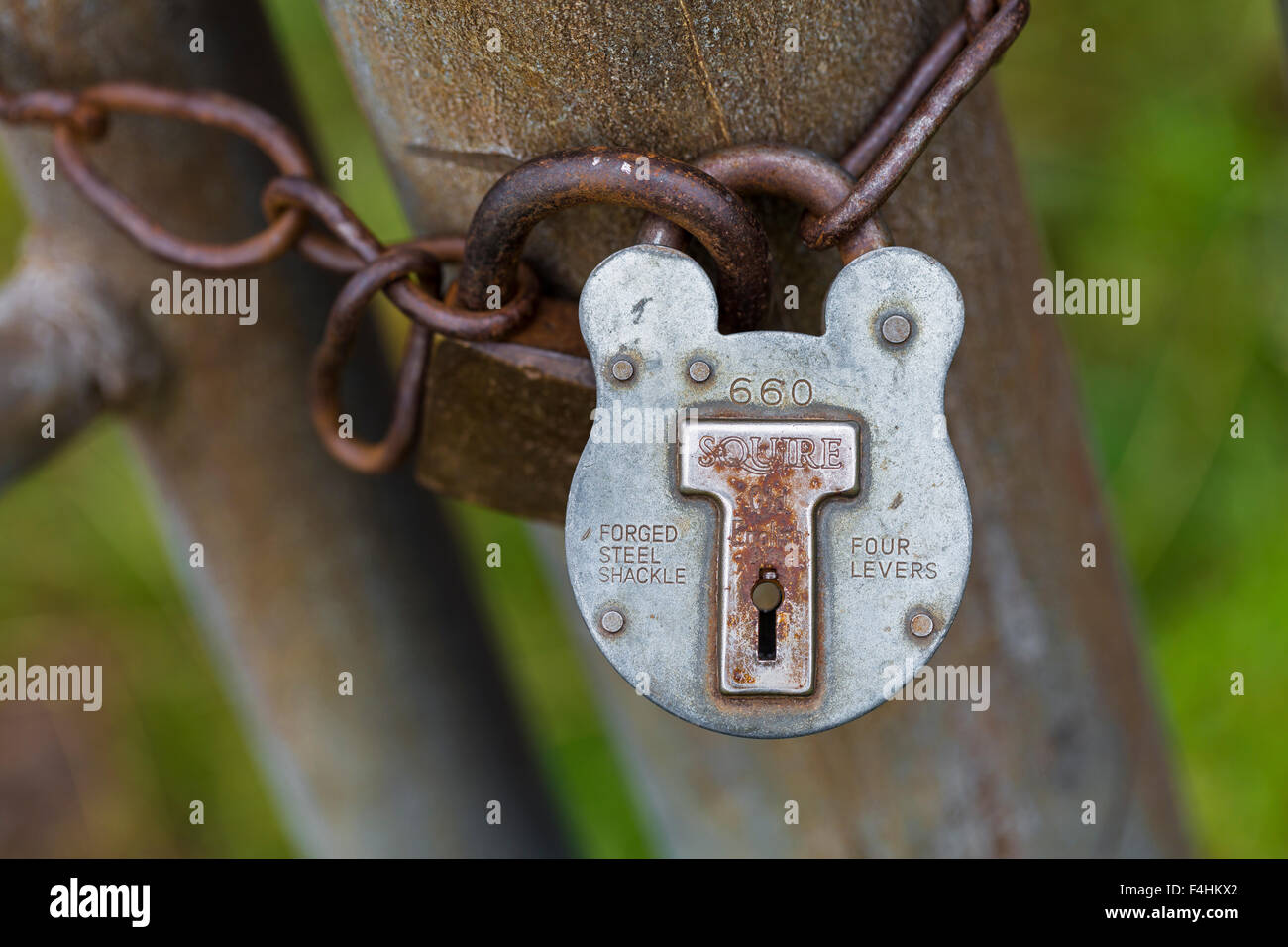 A padlock on a rural gatepost, UK Stock Photo