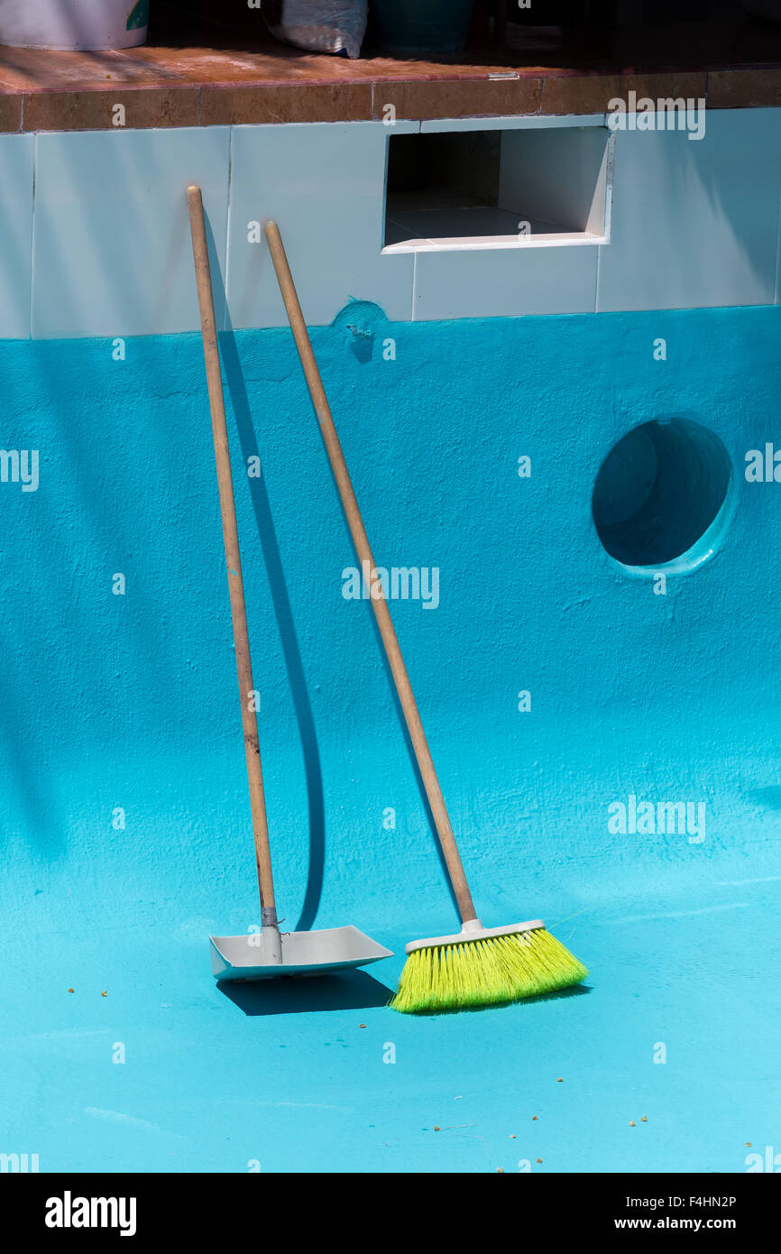Cleaning tools for swimming pool. Maintenance process Stock Photo Alamy