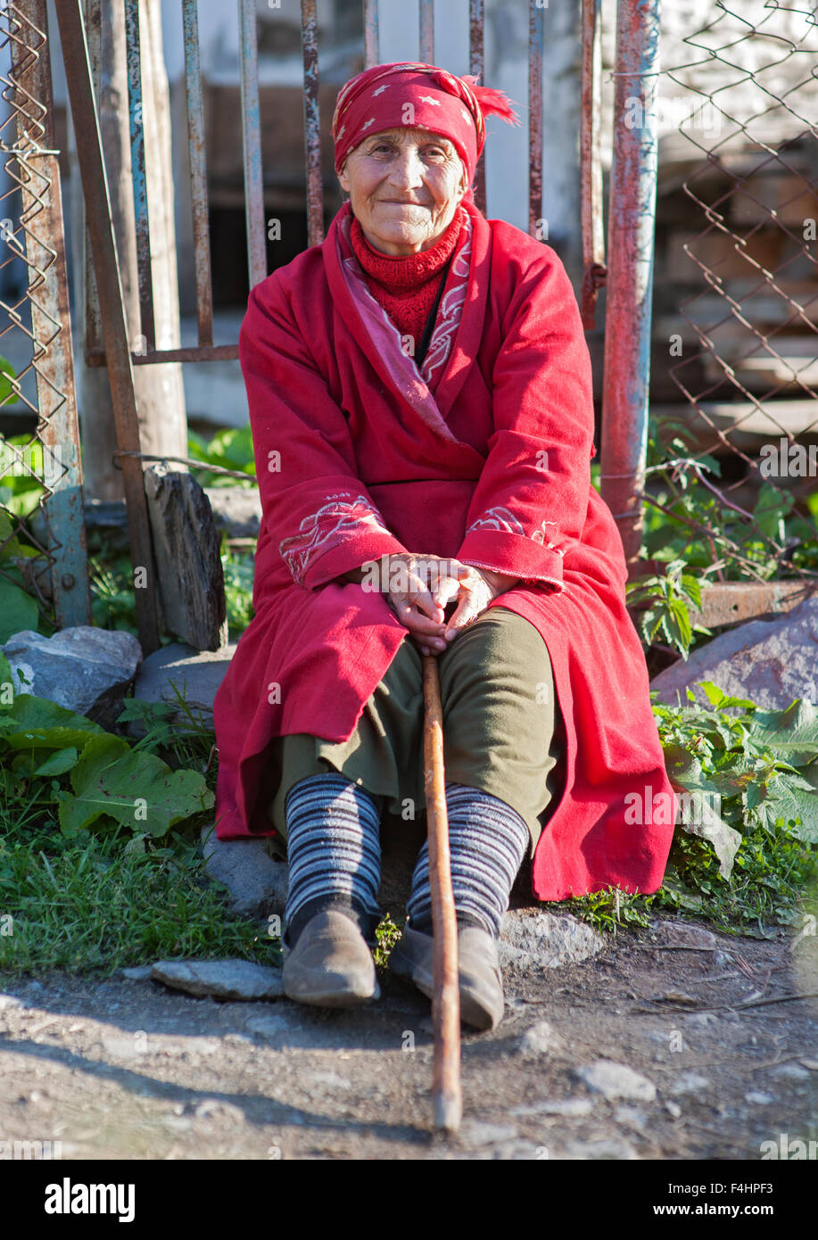 Portrait of a Georgian woman in the village of Ushguli, Svaneti region, Caucasus mountains, Georgia. Stock Photo