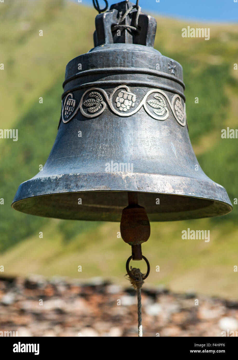 Church bell of Lamaria Church in the village of Ushguli, Svaneti region, northwestern Georgia. Stock Photo