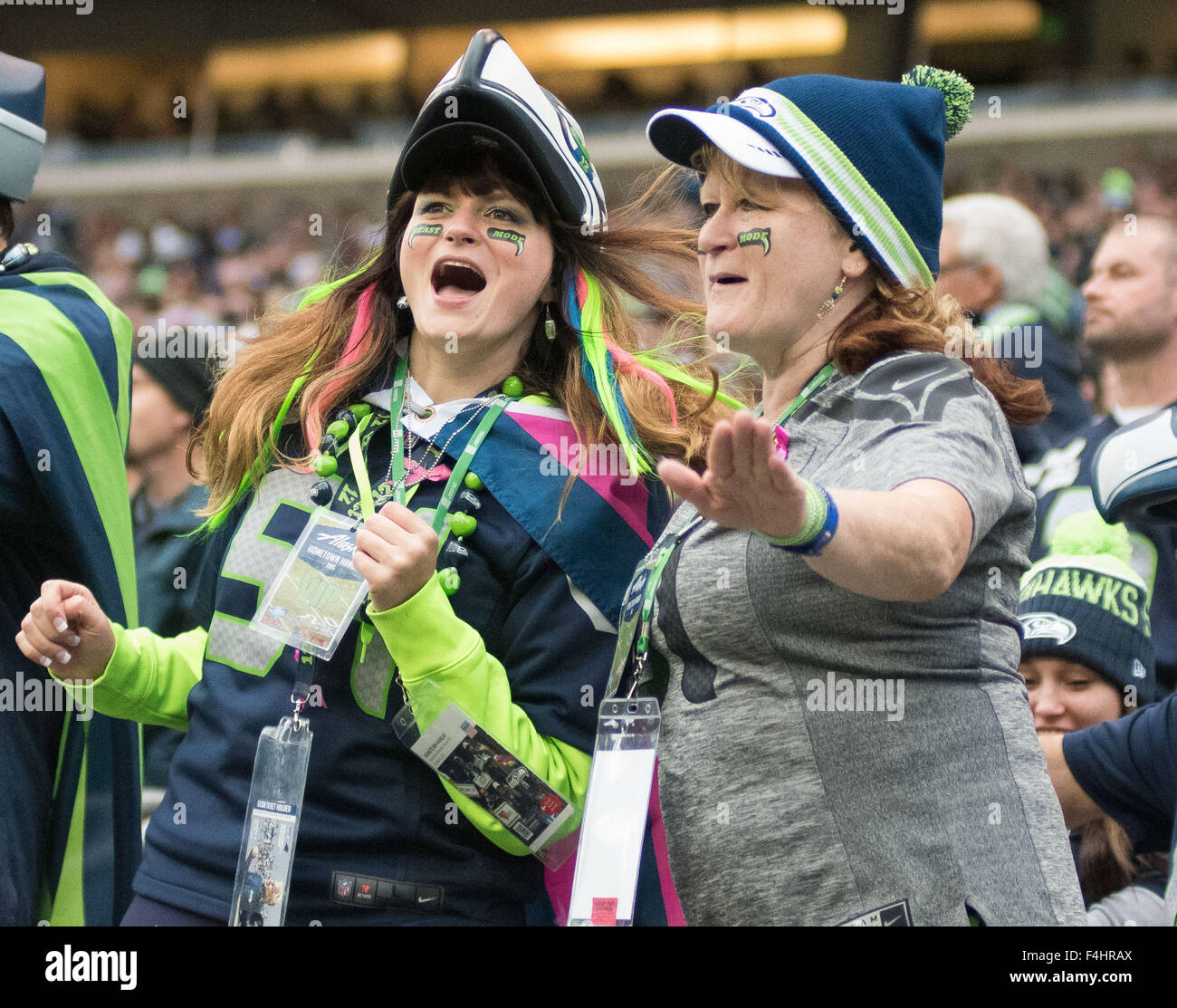 October 18, 2015: Seattle Seahawks fans cheering during NFL action between the Carolina Panthers and the Seattle Seahawks at CenturyLink Field in Seattle, Washington. The Seattle Seahawks fall to the Carolina Panthers 27 to 23. Joseph Weiser/CSM Stock Photo