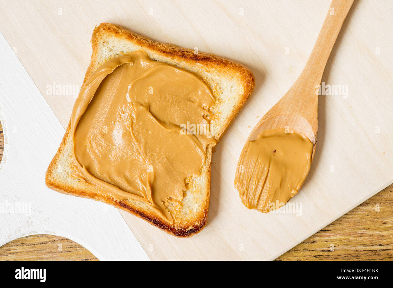 Grilled toast with peanut butter top view Stock Photo