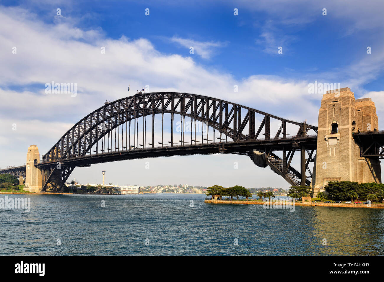 Sydney harbour bridge in Australia, NSW, sid view on a sunny summer day from Milsons point along Harbour waters Stock Photo