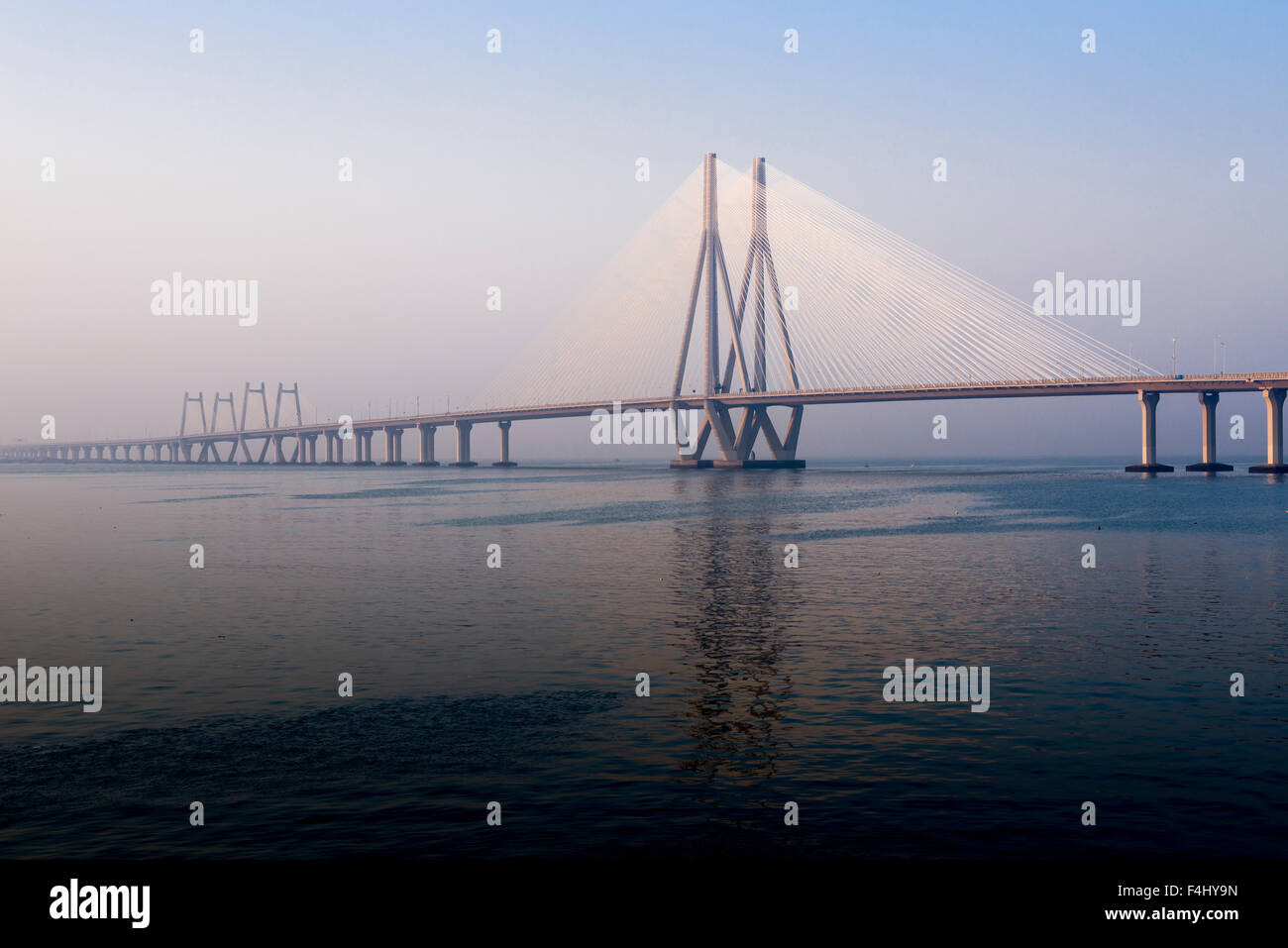 The Bandra–Worli Sea Link, officially called Rajiv Gandhi Sea Link, is a cable-stayed bridge with pre-stressed concrete-steel vi Stock Photo