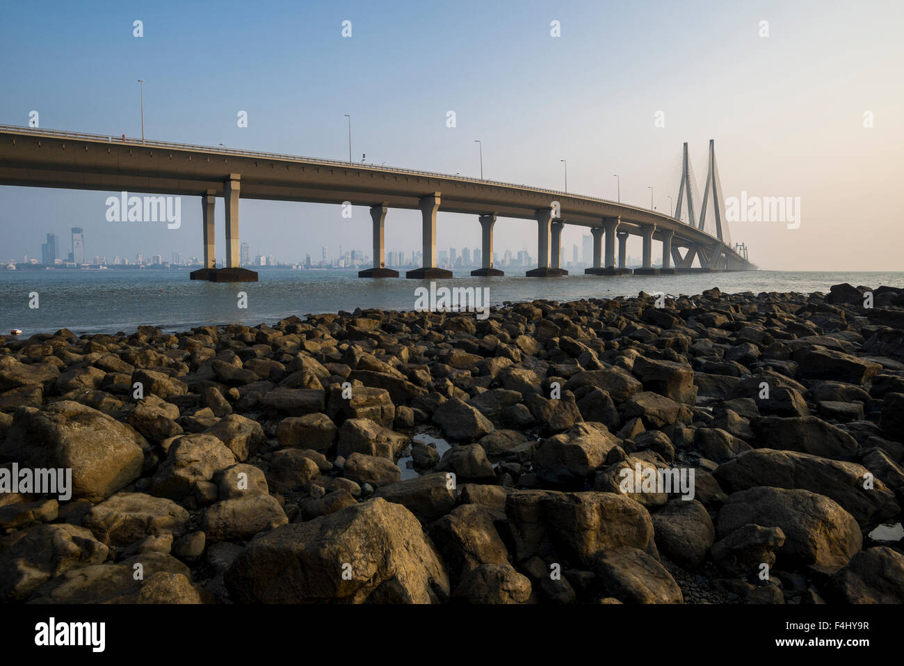The Bandra–Worli Sea Link, officially called Rajiv Gandhi Sea Link, is a cable-stayed bridge with pre-stressed concrete-steel vi Stock Photo
