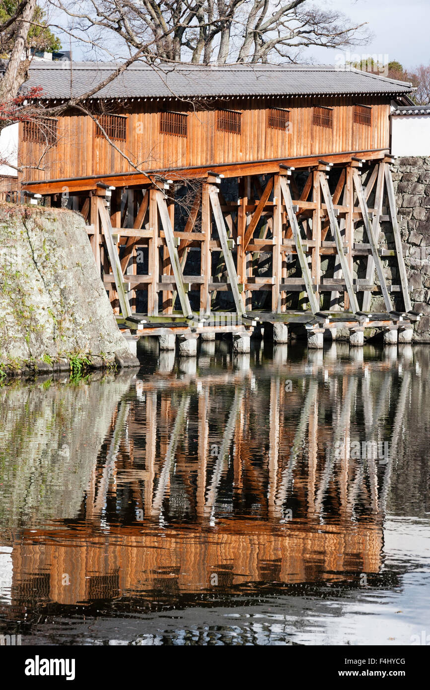 Japan, Wakayama castle. Reconstructed Ohashiroka Bridge, a rare example of a covered enclosed bridge across moat for Diamyo's private use. Stock Photo