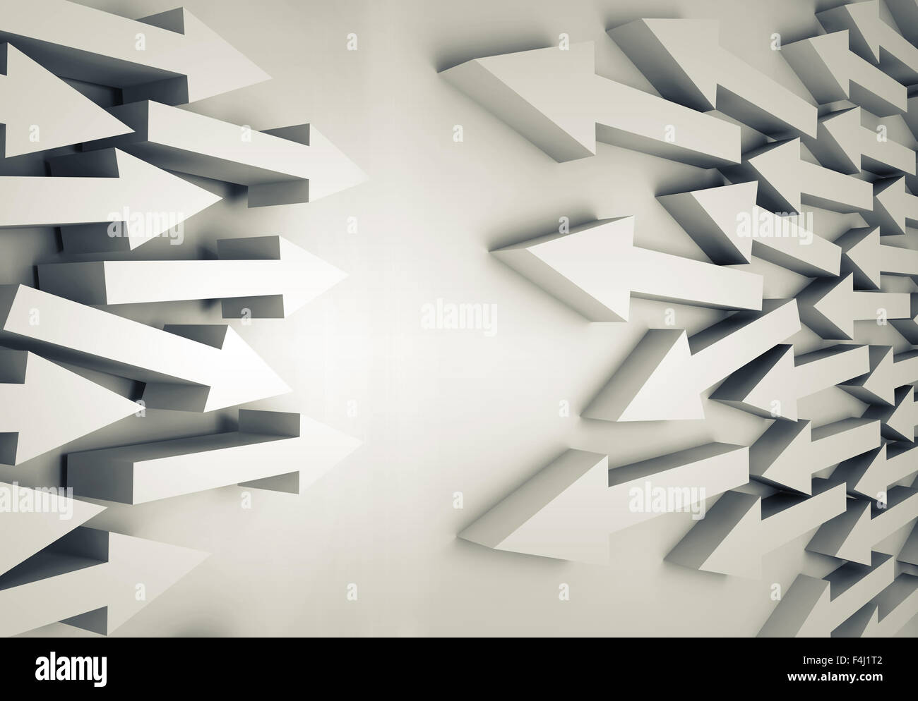 Abstract 3d illustration with groups of white arrows going towards each other Stock Photo