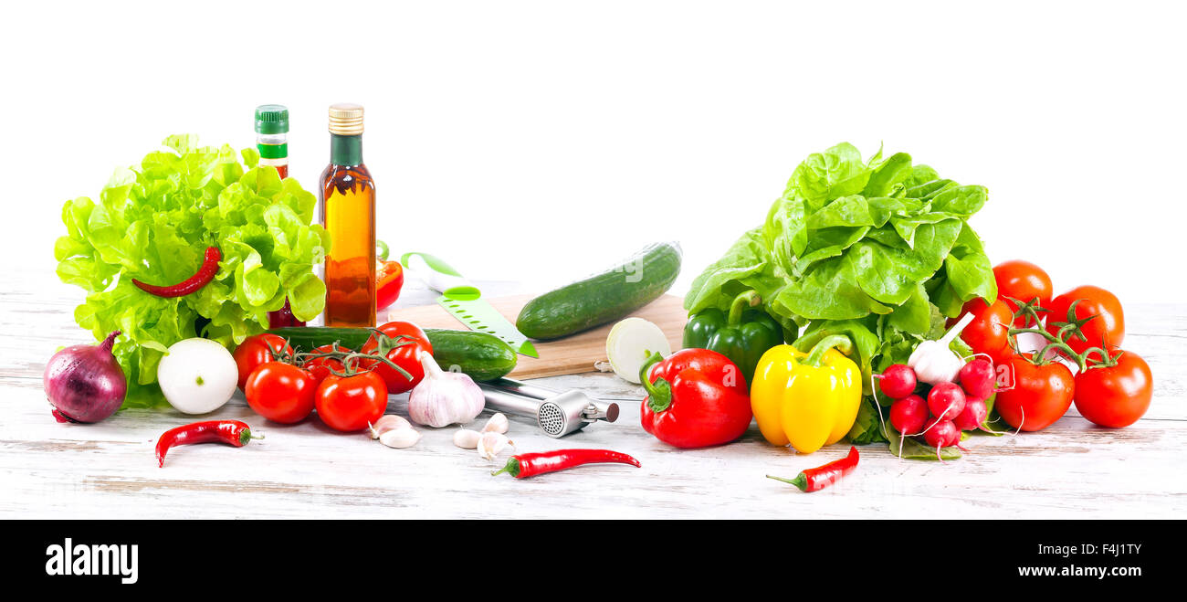 Fresh vegetables ready for preparing salad, healthy diet concept background, space for text. Stock Photo