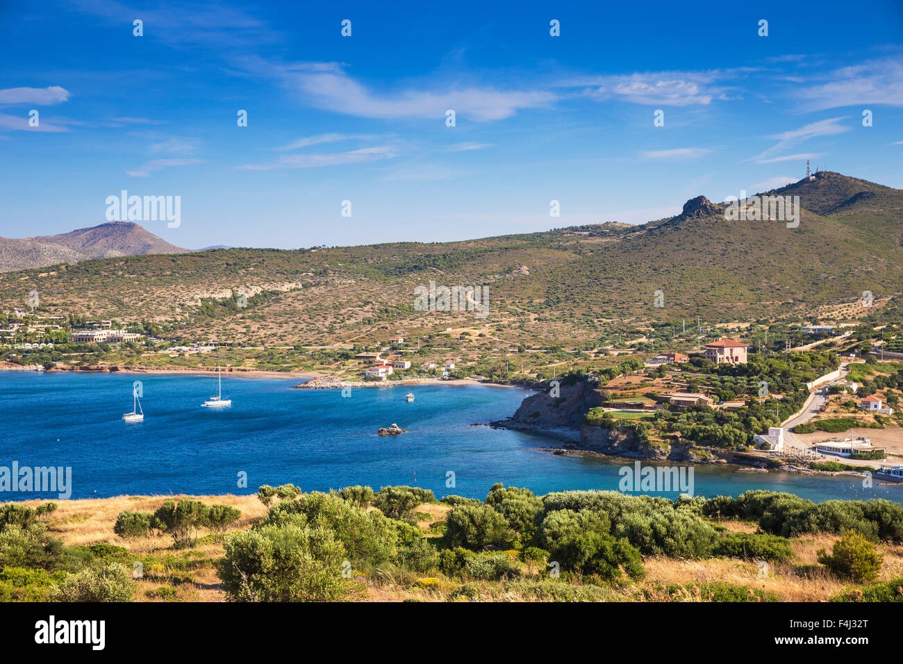 Sounio Bay, to the left is the Grecotel Exclusive Resort, Cape Sounion, near Athens, Greece, Europe Stock Photo
