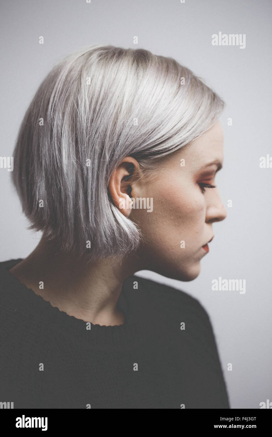 Contemporary hipster girl with silver gray hair Stock Photo
