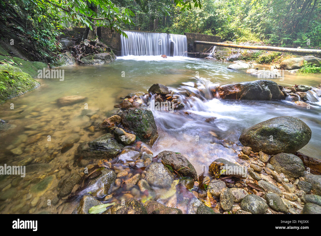 Water stream with waterfall background at tropical forest Stock Photo