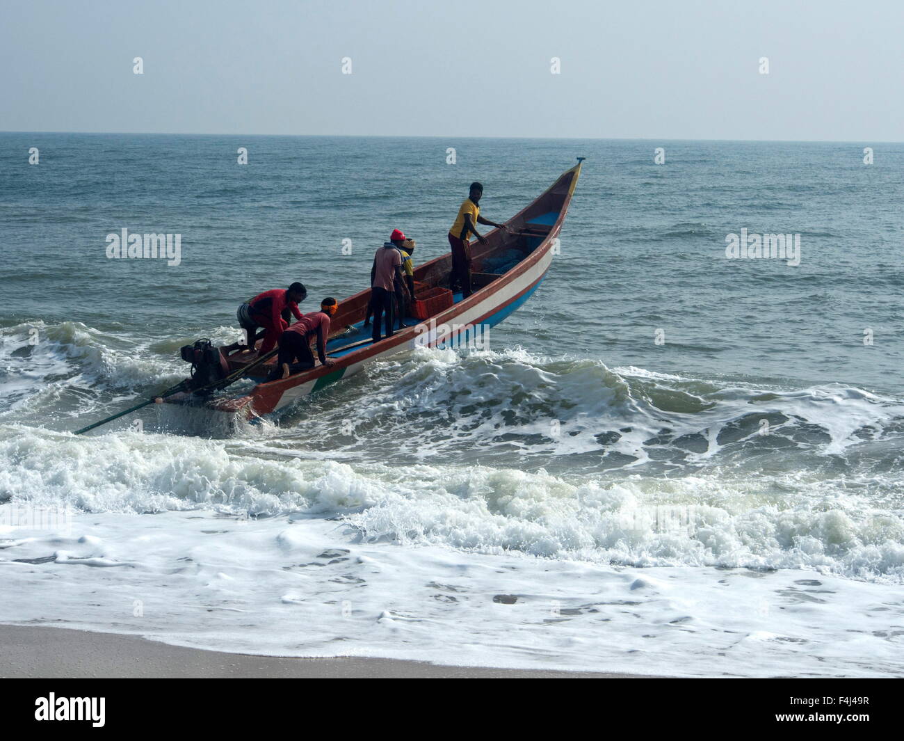 Fishermen on a boat at the French union territory of Pondicherry, Tamil Nadu, India, Asia Stock Photo
