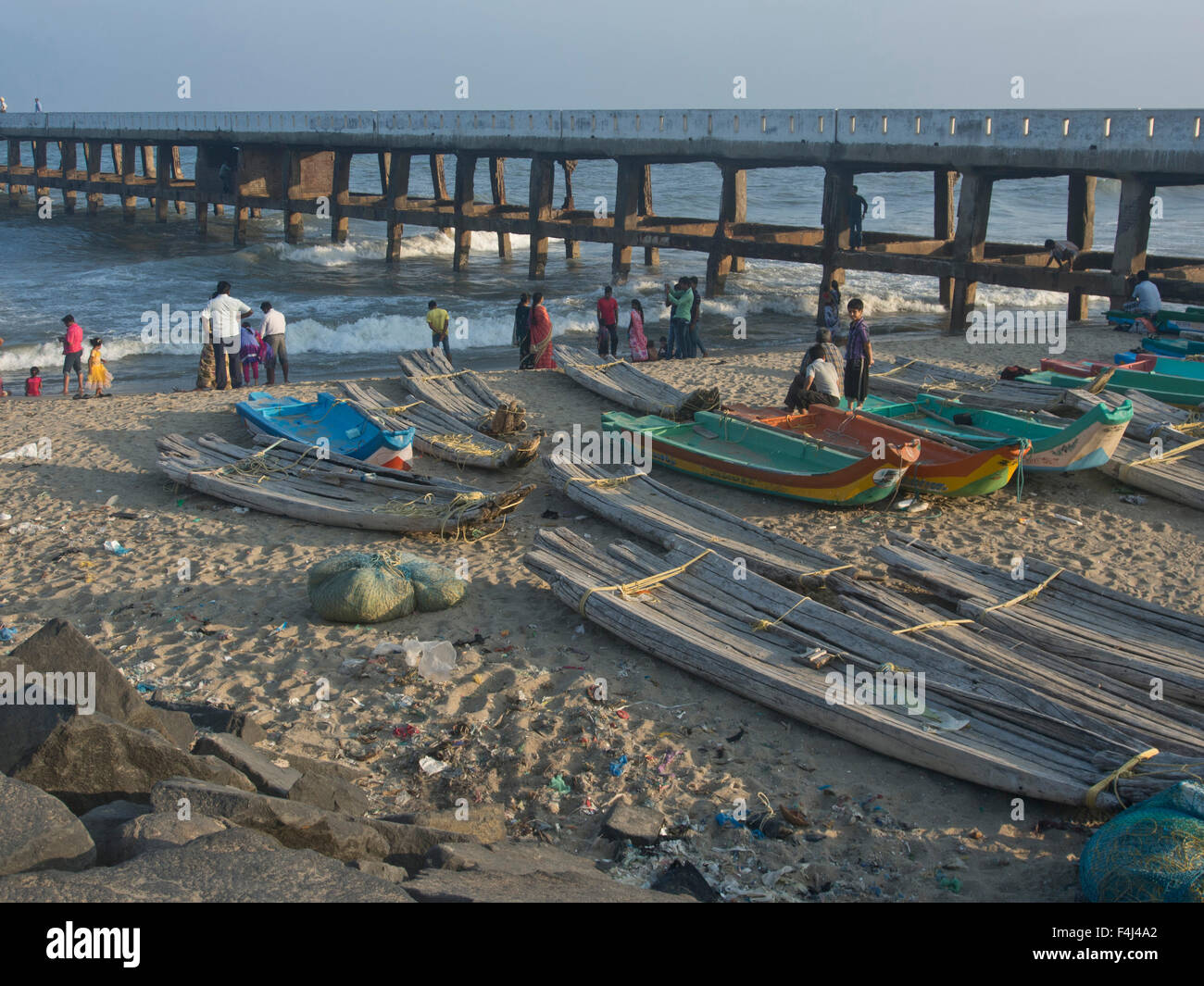 Fishing boats on the beach at the French union territory of Pondicherry, Tamil Nadu, India, Asia Stock Photo