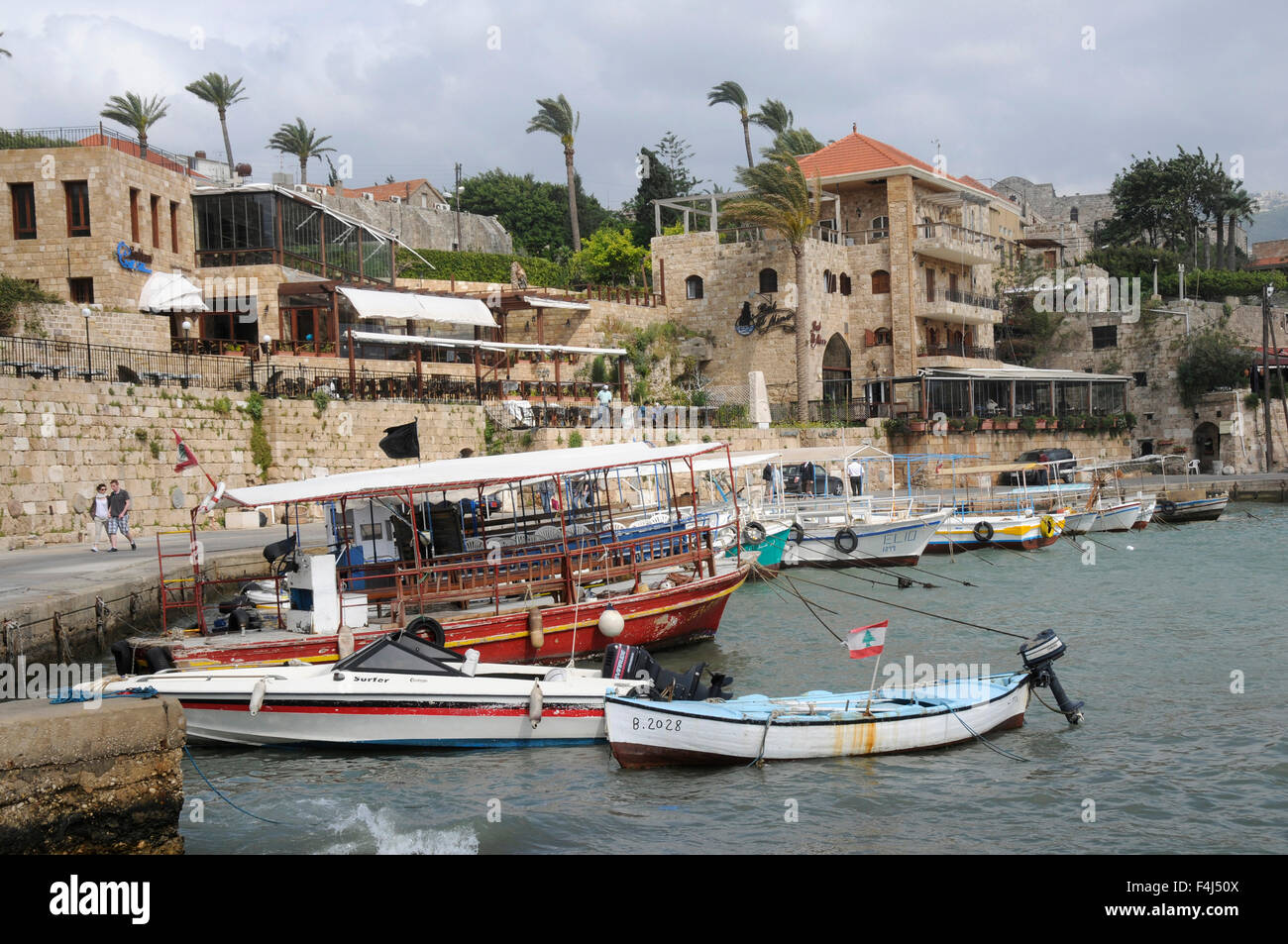 Boats in the harbour of the old city of Byblos, UNESCO World Heritage Site, Lebanon, Middle East Stock Photo