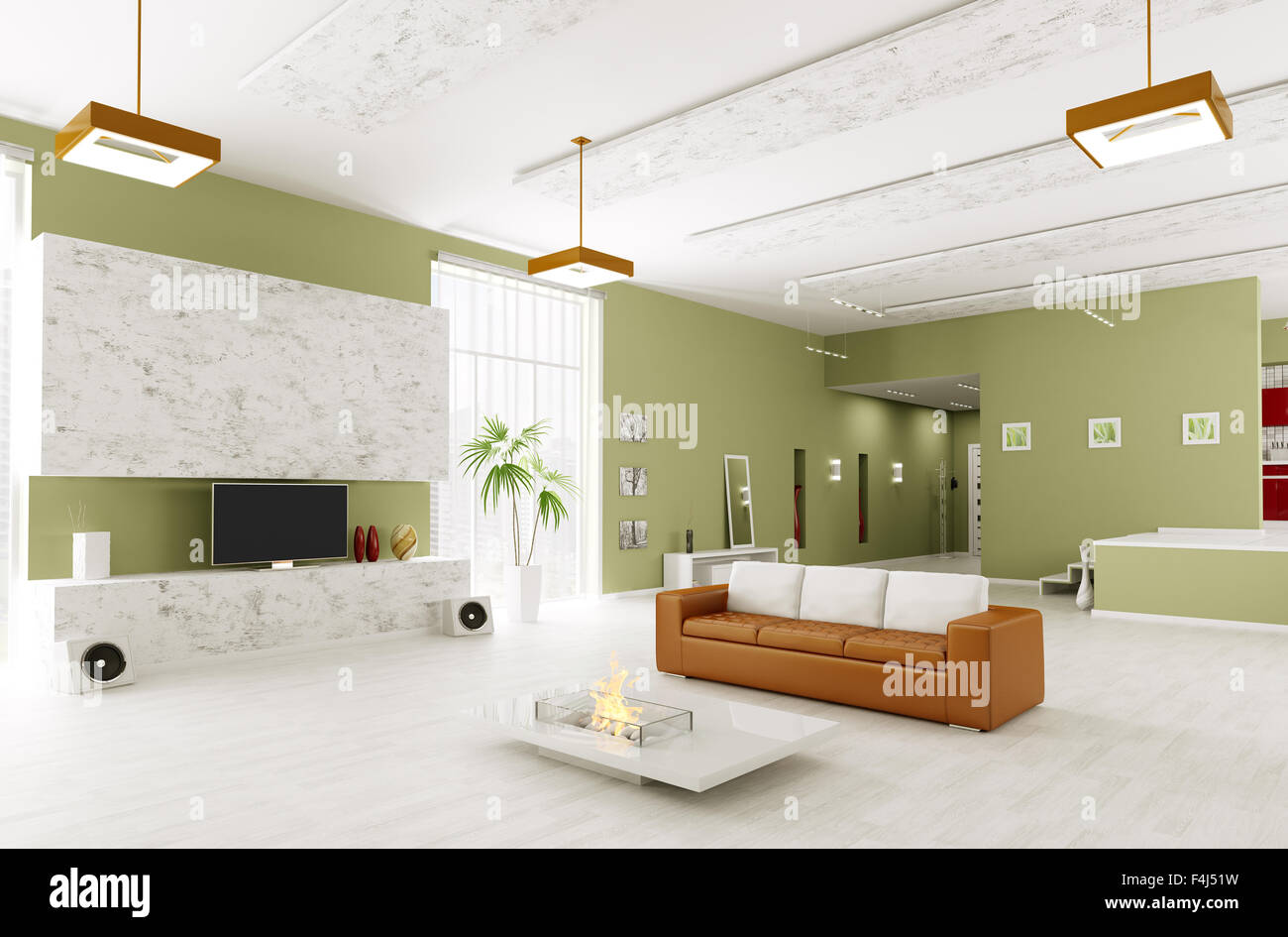 Interior of modern living room and hall 3d render Stock Photo - Alamy