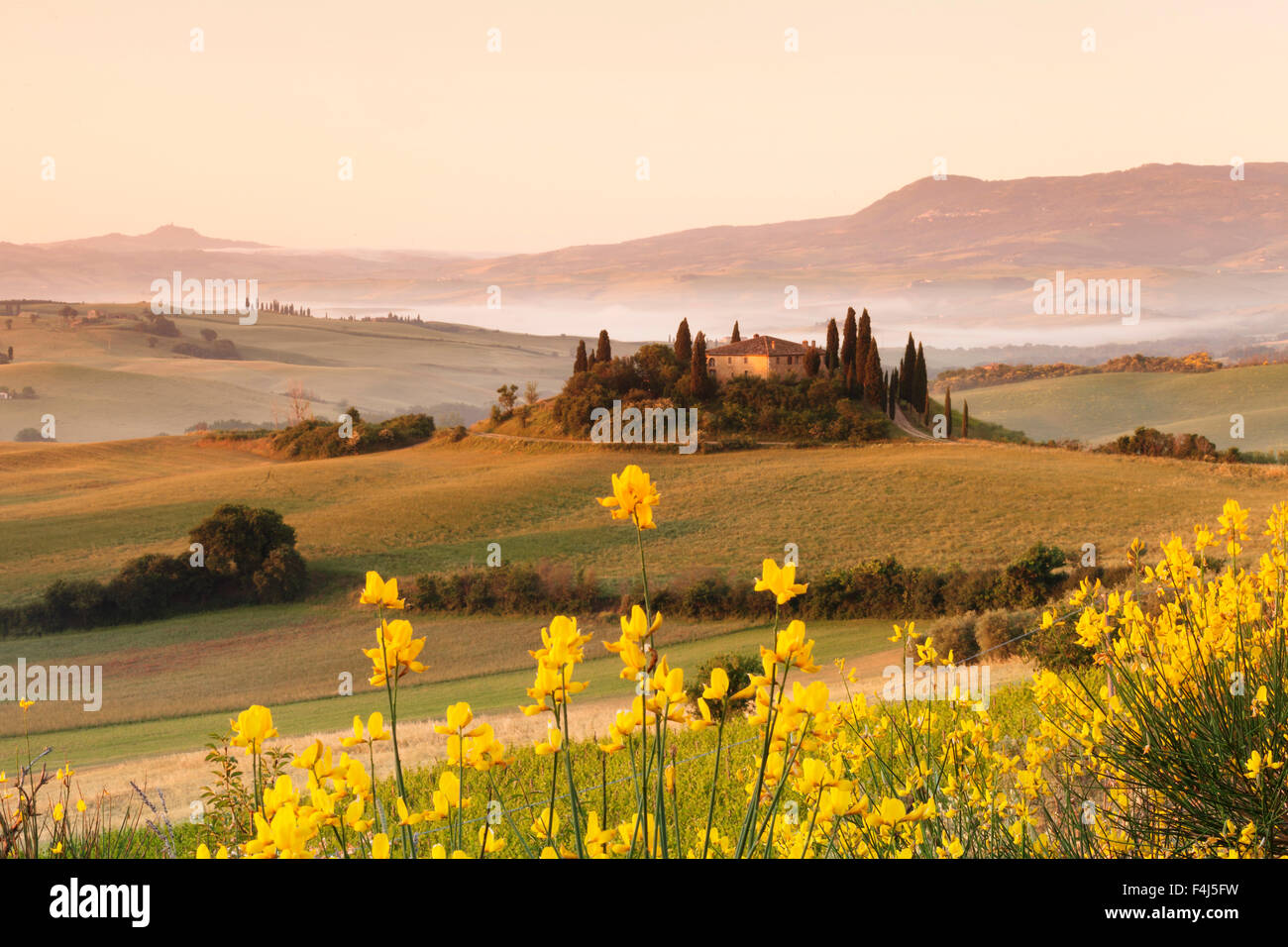 Farm house Belvedere at sunrise, near San Quirico, Val d'Orcia (Orcia Valley), UNESCO, Siena Province, Tuscany, Italy Stock Photo