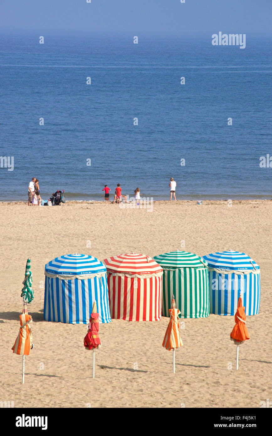 Canvass beach cabins, beach and sea, Trouville sur Mer, Normandy, France, Europe Stock Photo