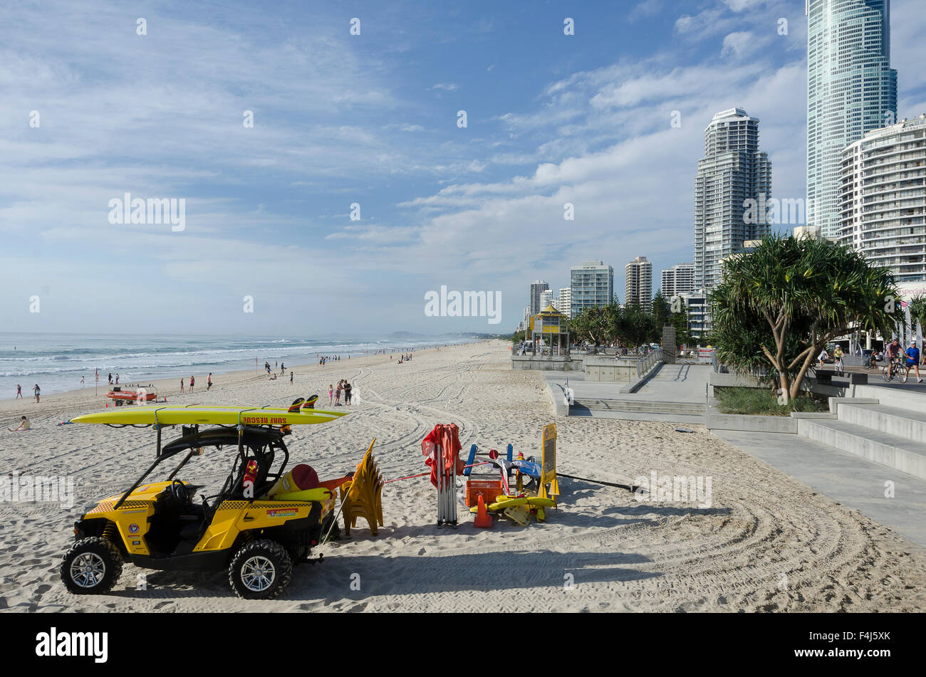 Surf life savers and Tower blocks beside beach, Surfers Paradise, Gold