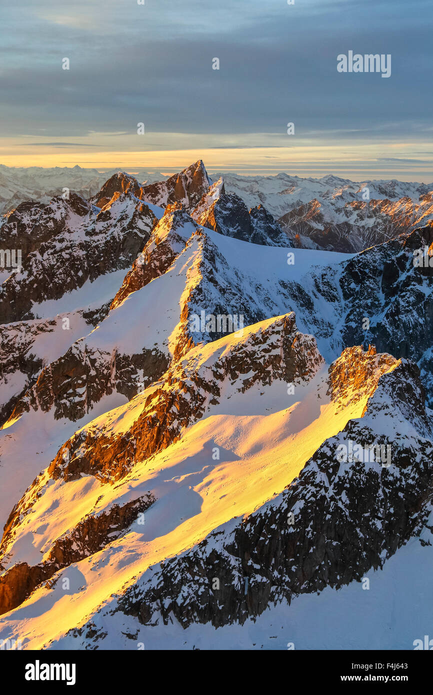 Aerial view of peaks of Ferro and Cengalo at sunset, Masino Valley, Valtellina, Lombardy, Italy, Europe Stock Photo