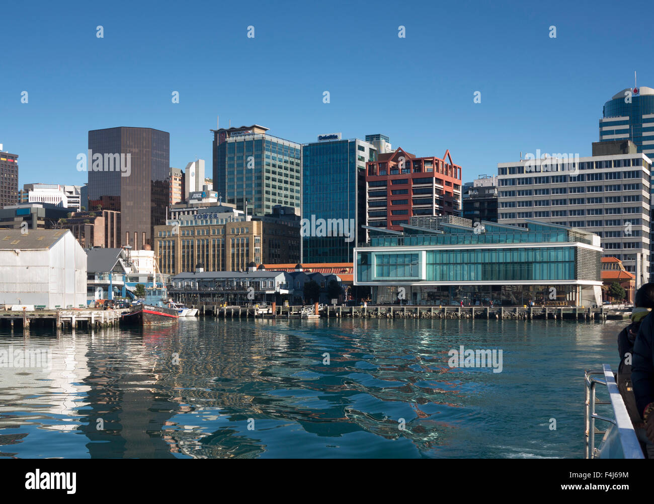 Waterfront and Queens Wharf from the harbour, Wellington, North Island, New Zealand, Pacific Stock Photo