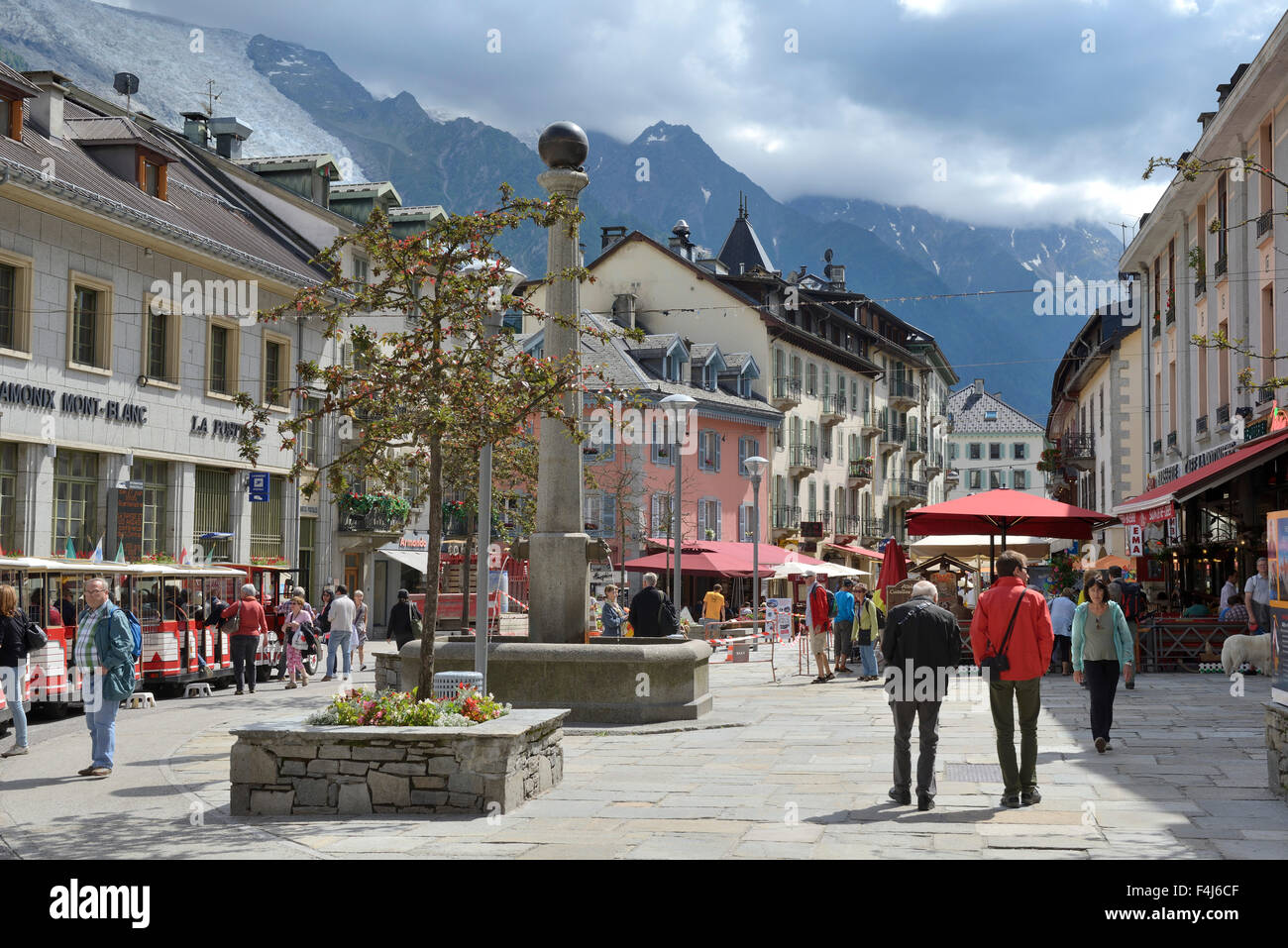 Shops in centre of town, Chamonix Mont Blanc, French Alps, Haute Savoie, France, Europe Stock Photo